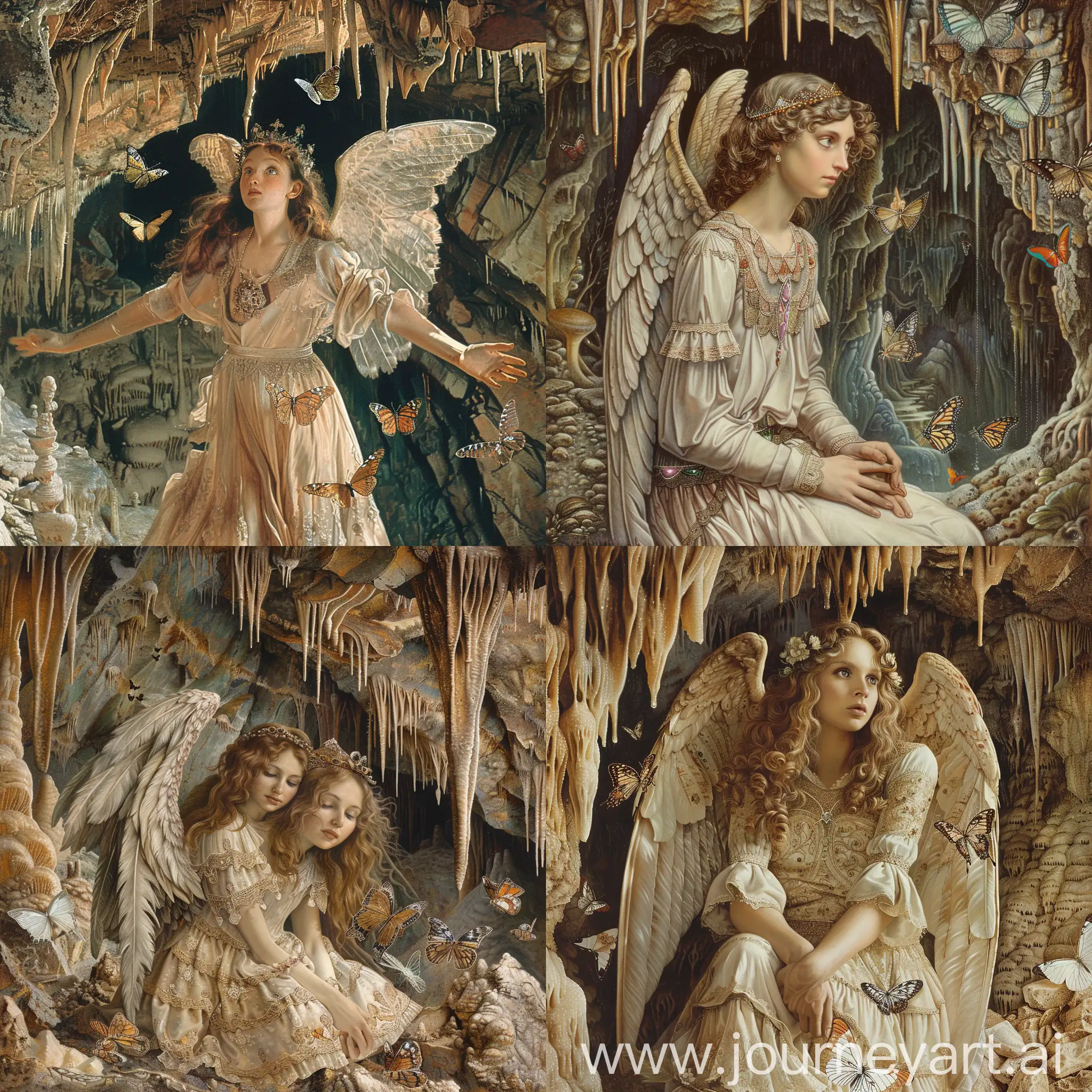 A beautiful medieval angel woman  in a cave with stalagmites and stalactites and butterflies . Pre Raphaelite 