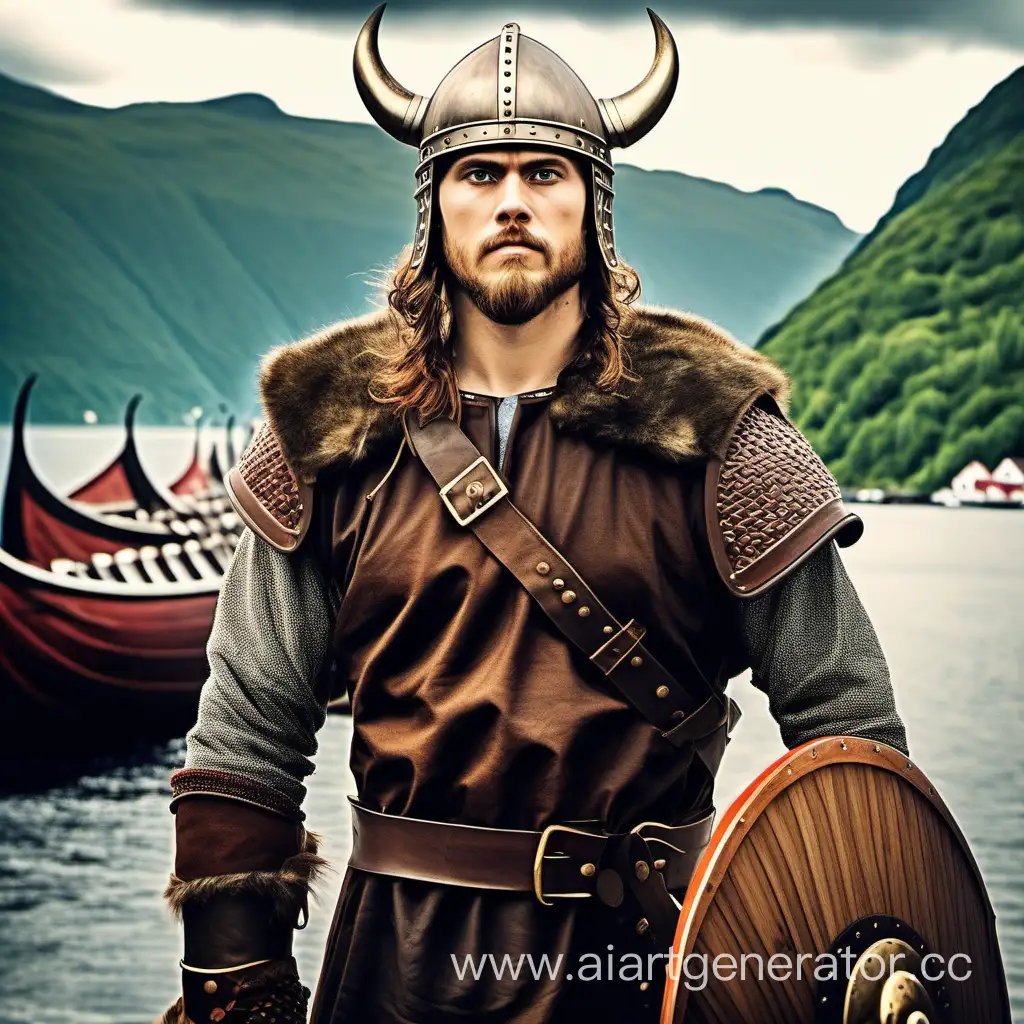 Create an avatar, Young man in mid 20s, brown hair brown eyed with short beard, full body view, wearing Viking armor and viking gjermundu helmet, with pensive expression, with a scandinavian fjord and longboat in the background,