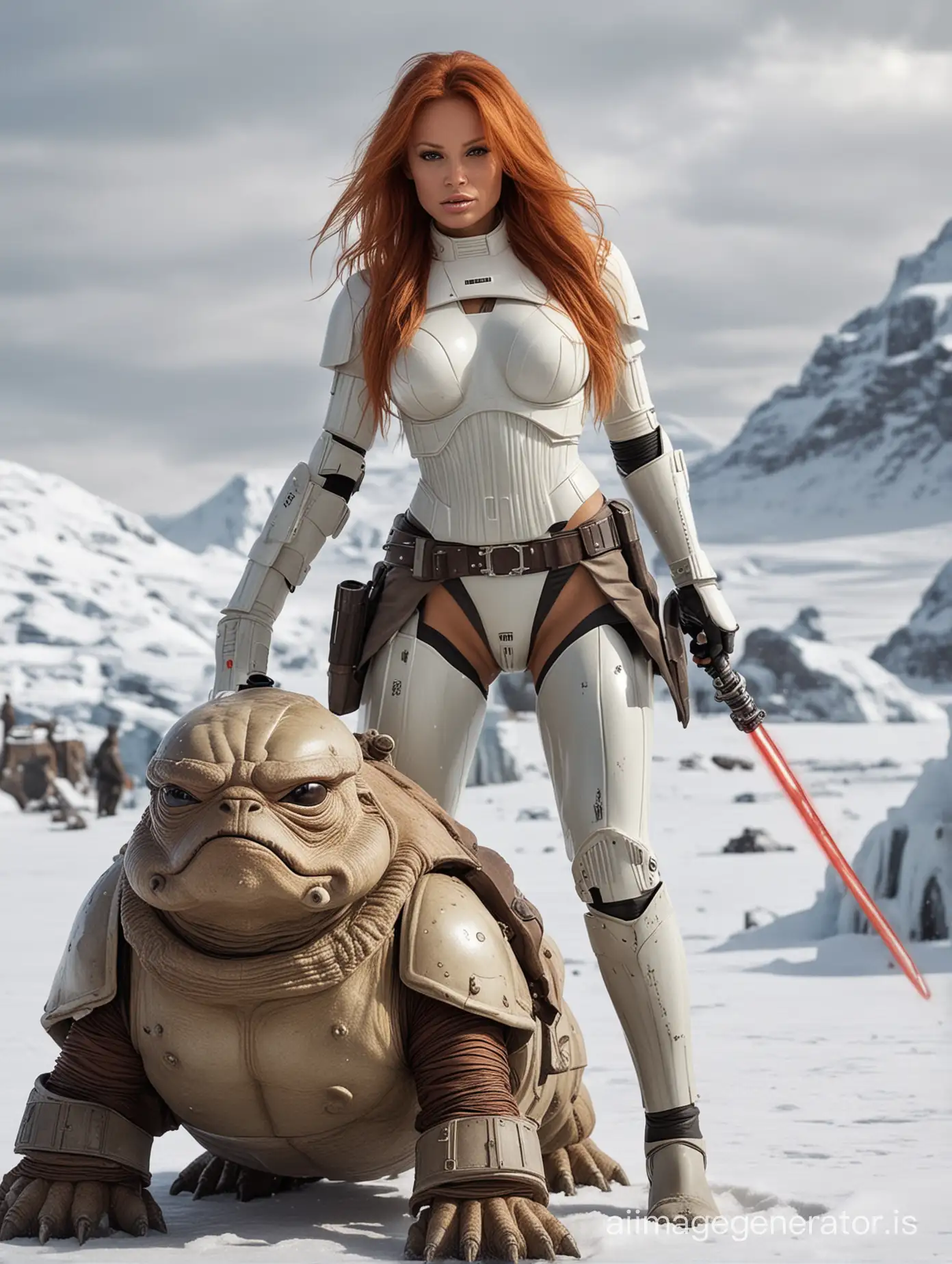 Young Pamela Anderson. full body woman riding on top of "Jabba the Hut". very long red hair. star wars stormtrooper armor and light saber and laser.  Star Wars Mandalorian, Yoda, Wookie in frozen arctic background