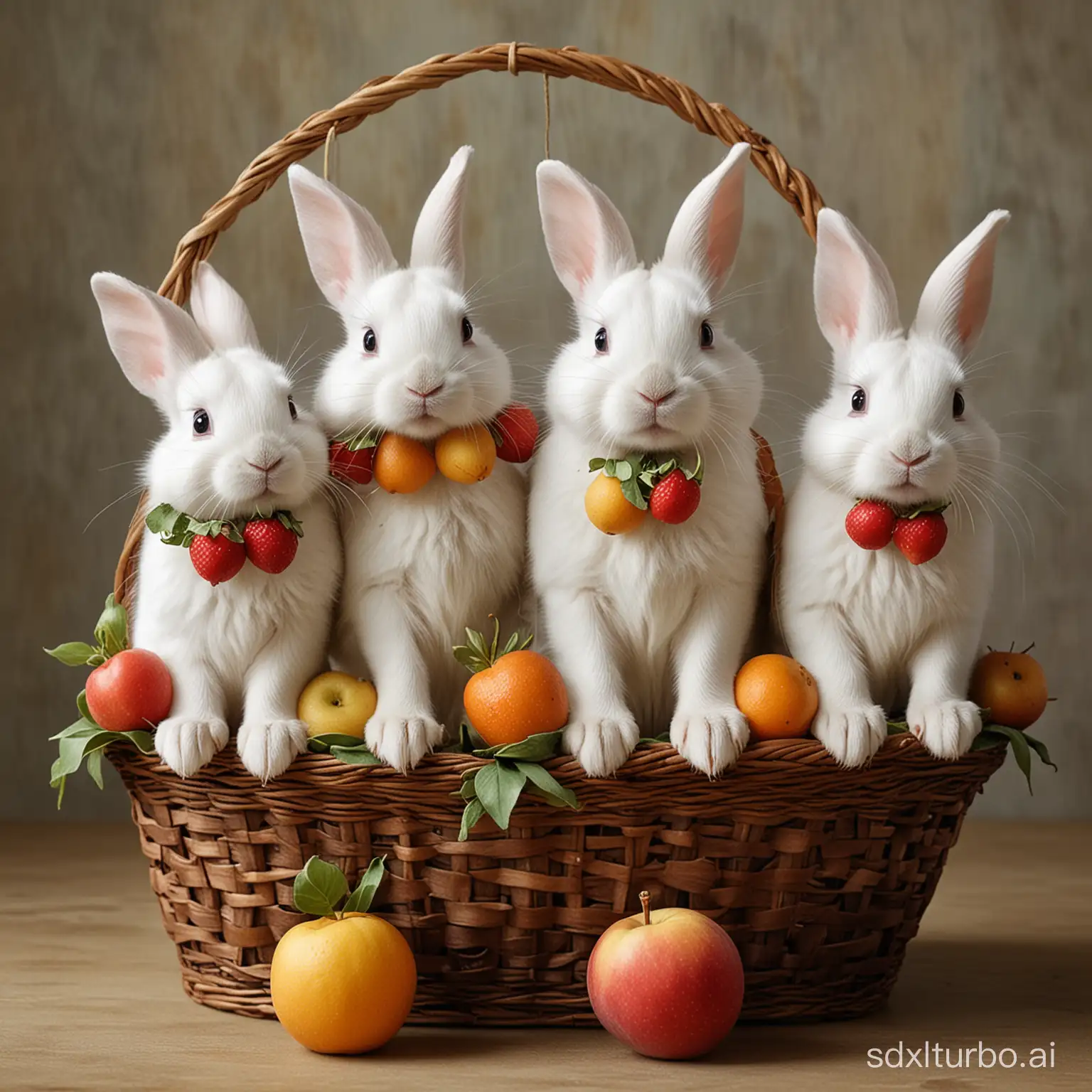 Three little white rabbits sit on the back of a spotted dog with a fruit basket hanging from their mouths.