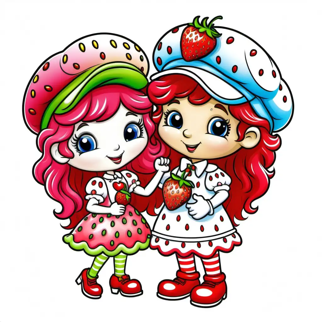 very colorful, strawberry shortcake couple in love
coloring page, valentine theme, cartoon style, very white background, no shades