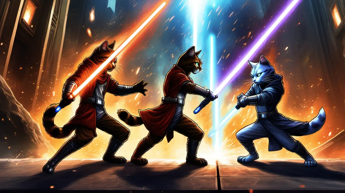 "Illustrate an epic duel between two warrior cats in a futuristic setting, their lightsabers clashing amid sparks, with intense expressions revealing the intensity of their battle."
