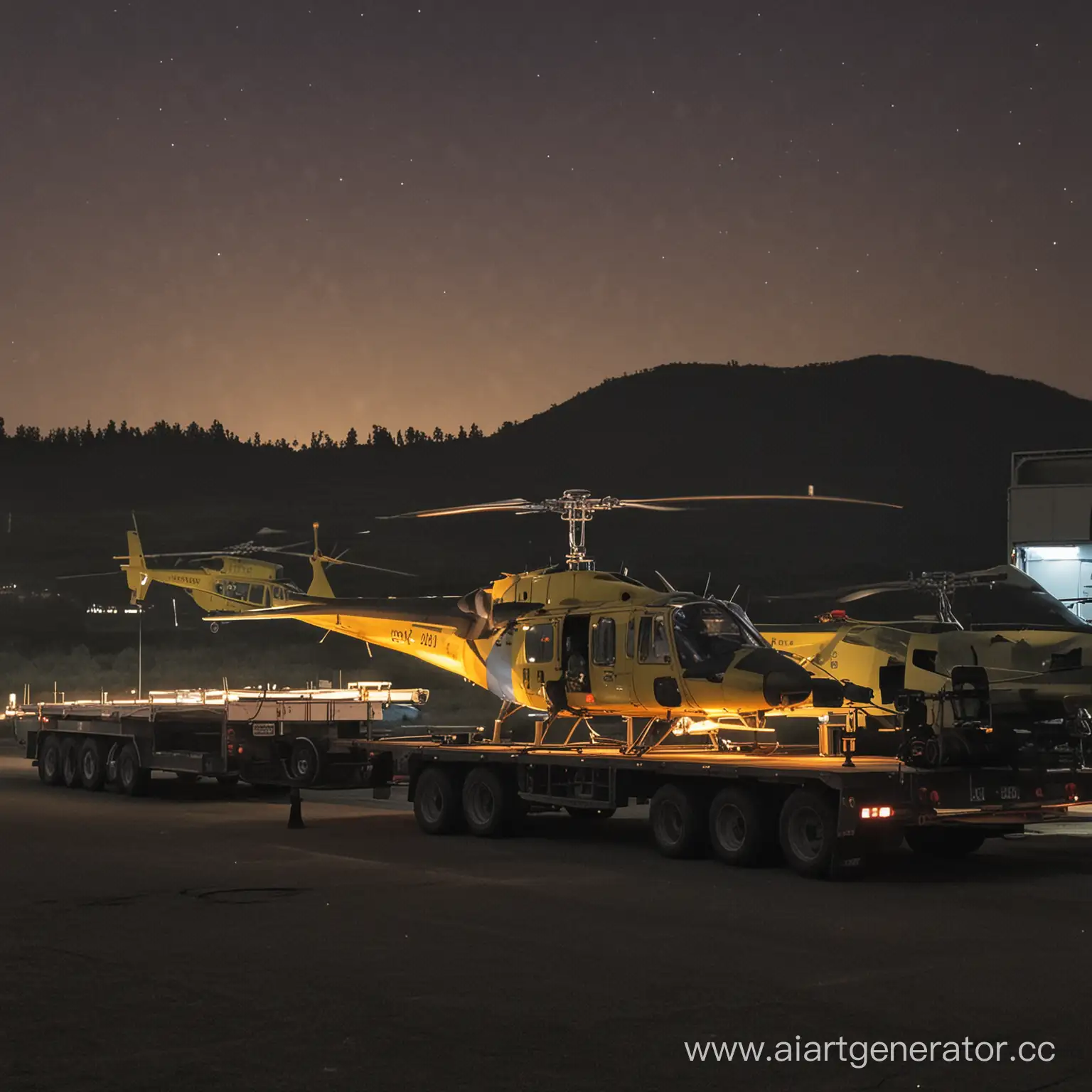 Helicopter-Transport-on-Trailer-at-Night-in-Urban-Setting