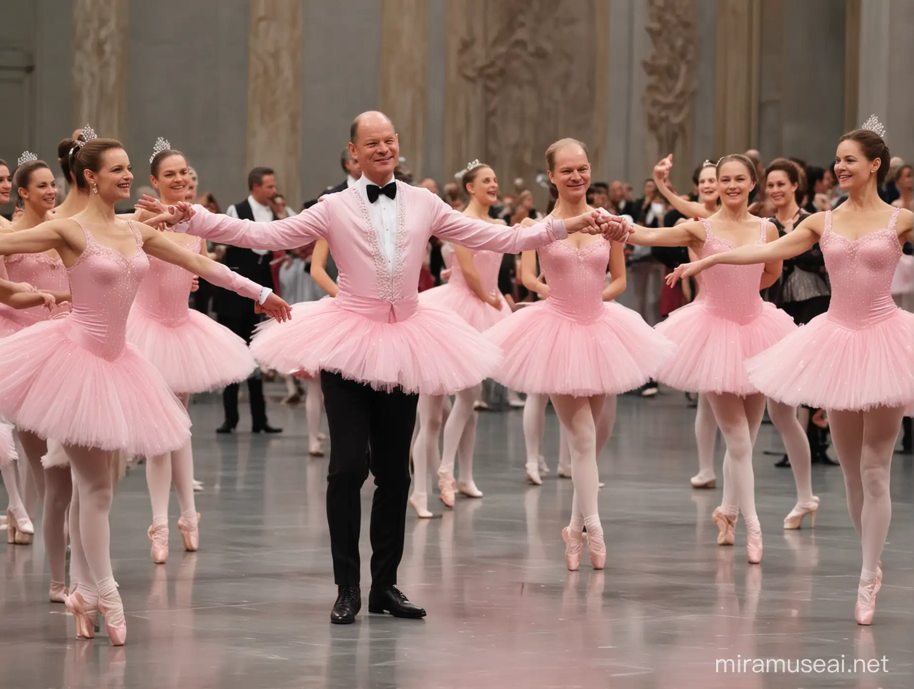 German Chancellor Olaf Scholz dances in a pink ballet dress to Swan Lake at the opera.