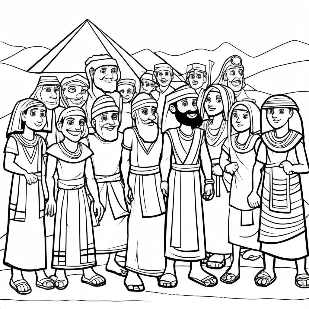 Create a coloring page for a coloring book for toddlers of The Exodus: A kid-friendly coloring page showing Moses leading a group of stick-figure people out of Egypt, with exaggerated expressions of determination and freedom. The characters are drawn in a cute and playful cartoon style, making the story engaging and enjoyable for children to 

The drawing should be a thick black solid line with a white background, Pixar style, Coloring Page, black and white, line art, white background, Simplicity, and Ample White Space. The background of the coloring page is plain white to make it easy for young children to color within the lines. The outlines of all the subjects are easy to distinguish, making it simple for kids to color without too much difficulty, The Coloring Page, black and white, line art, white background, Simplicity, and Ample White Space. The background of the coloring page is plain white to make it easy for young children to color within the lines. The outlines of all the subjects are easy to distinguish, making it simple for kids to color without too much difficulty.

All the drawings should be in black and white, without small details, so toddlers can easily color.

, Coloring Page, black and white, line art, white background, Simplicity, Ample White Space. The background of the coloring page is plain white to make it easy for young children to color within the lines. The outlines of all the subjects are easy to distinguish, making it simple for kids to color without too much difficulty