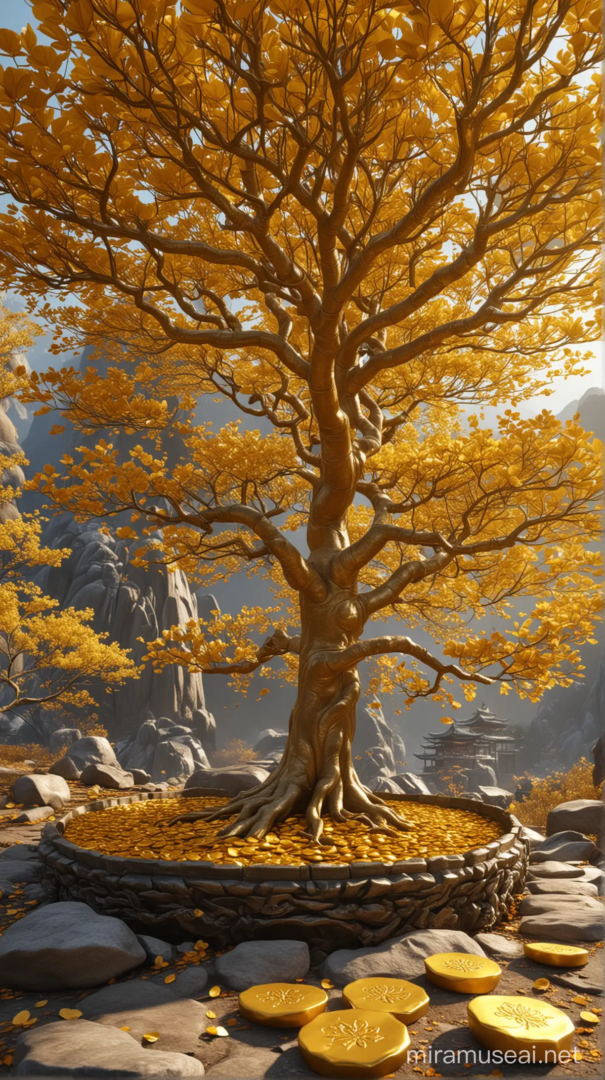 Super advanced CG rendering engine. Imagine that there is a huge golden tree on the Jinshan Mountain. There are many gold ingots on the tree. They are big leaves with rough skills, golden lotus flowers on the ground, super clear details, fantasy, super sensory image quality engine, 8k super clear image quality, 8k