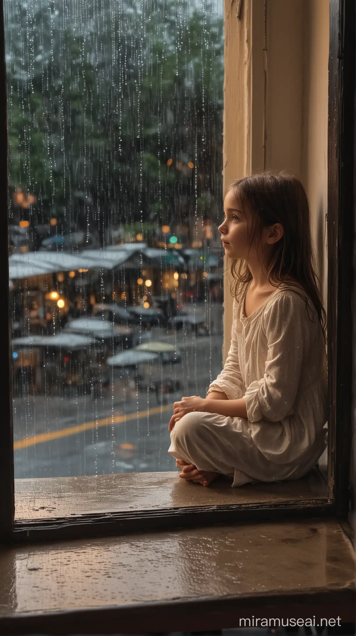 Sitting in front of the caf é window, the gentle rain of the night pours down like delicate threads. The little girl sits
quietly by the window, her gaze slightly dreamy yet focused on the threads of rain.