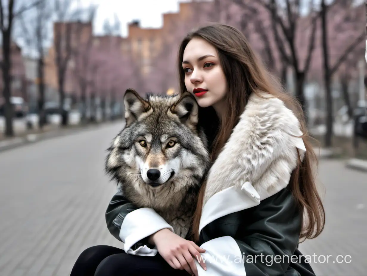 Девушка с длинными волосами в куртке с меховым воротником.  Волк сел и положил морду на плечо девушки. Город весной. 