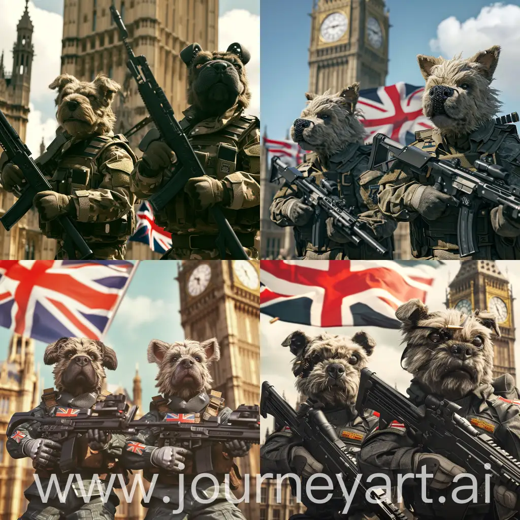two cute furry dogs are in modern British military uniforms, they both have bulldogs heads, with black Sa-80 assault rifles in their hands, before London Big Ben Parliament, there is an UK flag behind