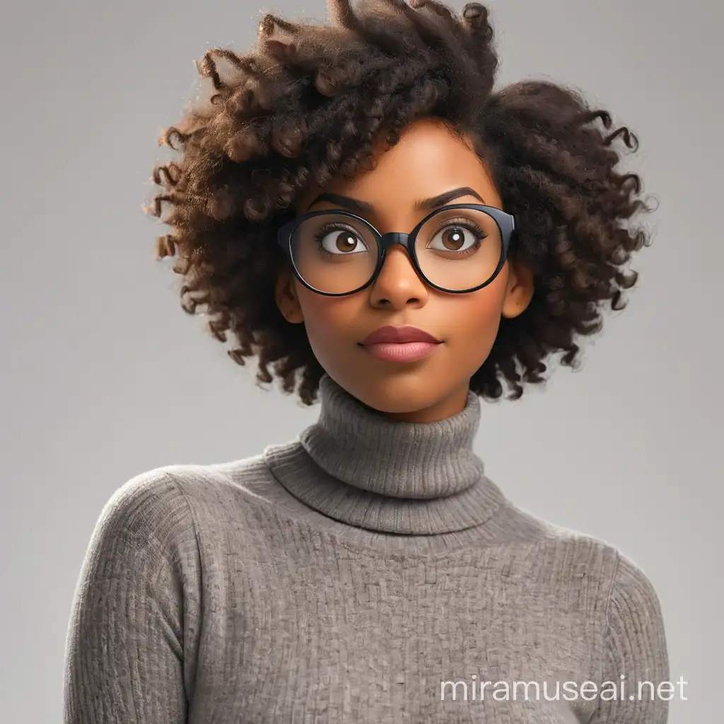 Disney pixar style of five beauriful 30 years old black lady, with stunning very short afro hair, wearing framed glasses, wearing turtle neck, front facing, looking straight into the camera, with different facial expressions, character shade: white background