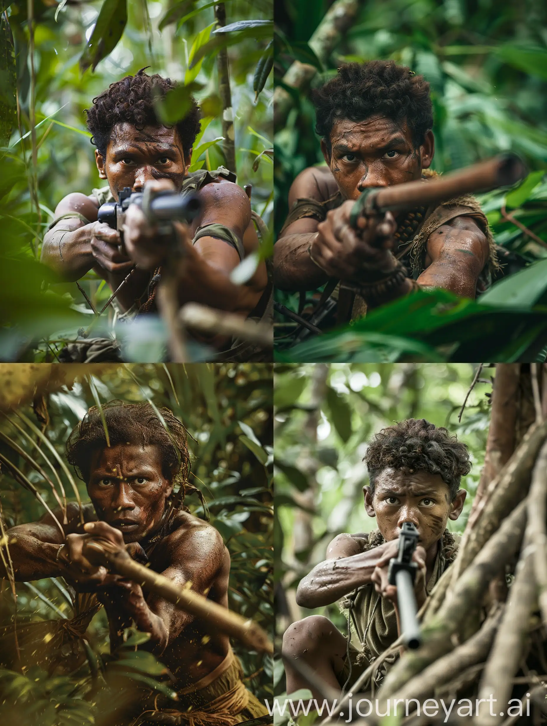 an Indonesian Papuan youth, with a weapon in his hand, in the Papuan forest, movie style