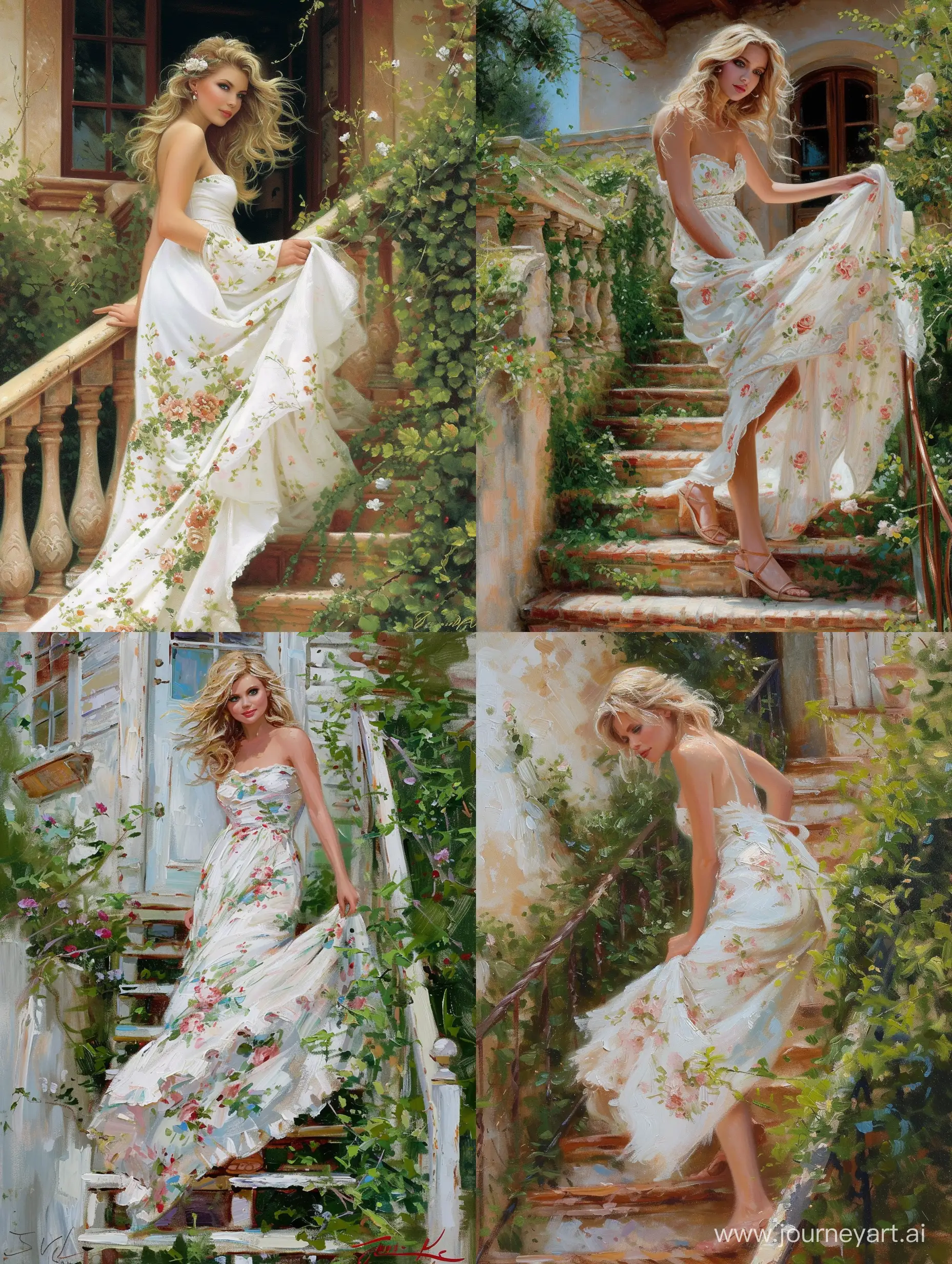 Impressionist-Painting-of-Woman-Ascending-Stairs-Amidst-Lush-Greenery