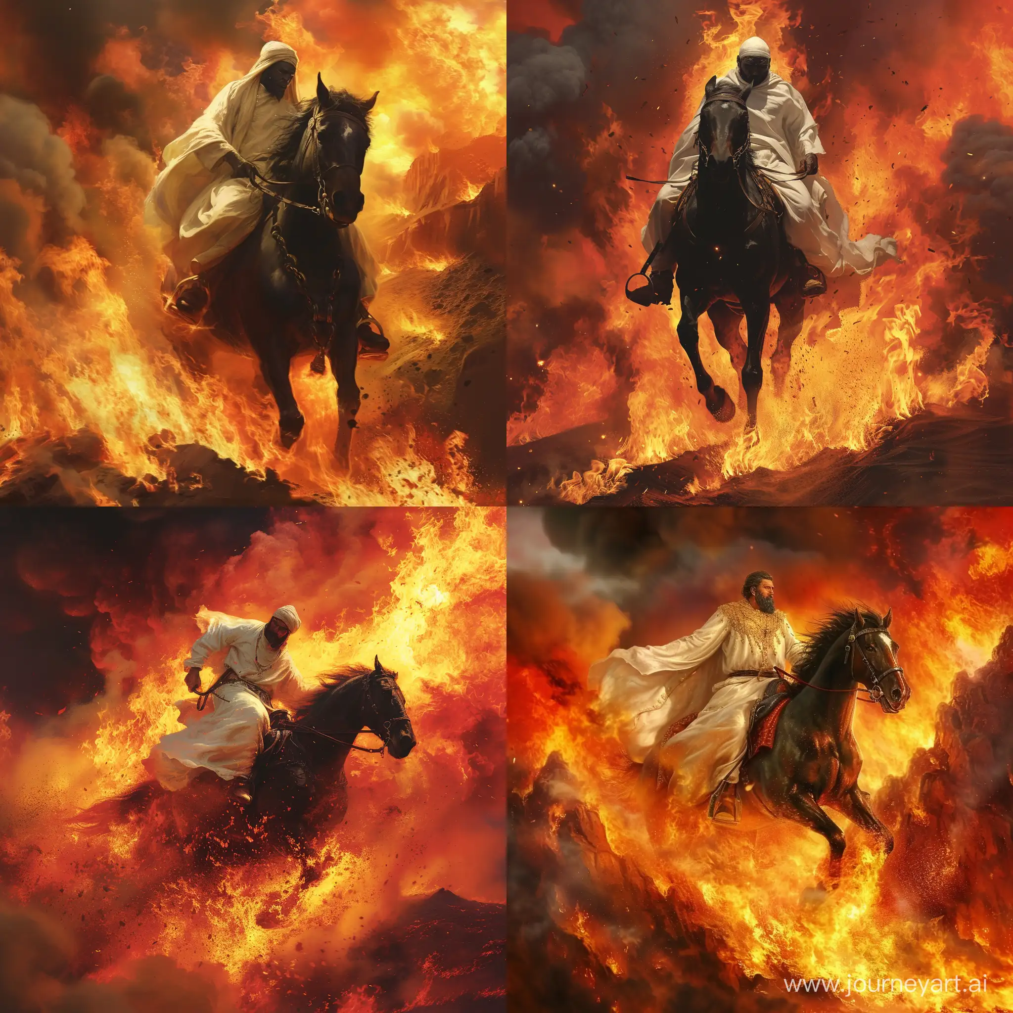 His son Siavash wanted to go to the mountain of fire to prove his innocence. Siavash harnessed his horse and went into the flame. There was a sad cry from all the people in the plain and the city
And Siavash rode without fear, and his white robes and ebony horse gleamed amid the flames. He reached the end of the road, and when he came out, the smoke had not even blackened his dress.
When the people saw that he had come out alive, they shouted cheerfully.