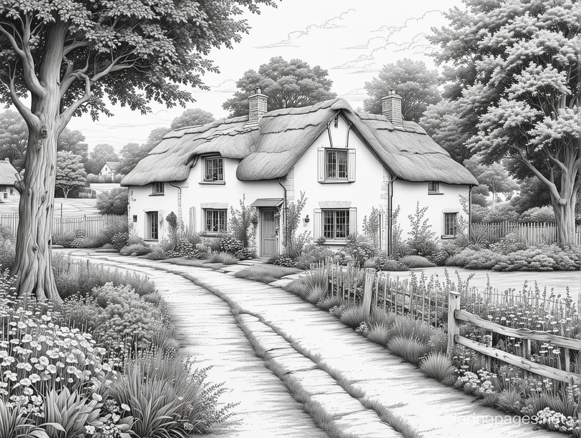 realistic landscape, rural English cottage, , Coloring Page, black and white, line art, white background, Simplicity, Ample White Space. The background of the coloring page is plain white to make it easy for young children to color within the lines. The outlines of all the subjects are easy to distinguish, making it simple for kids to color without too much difficulty