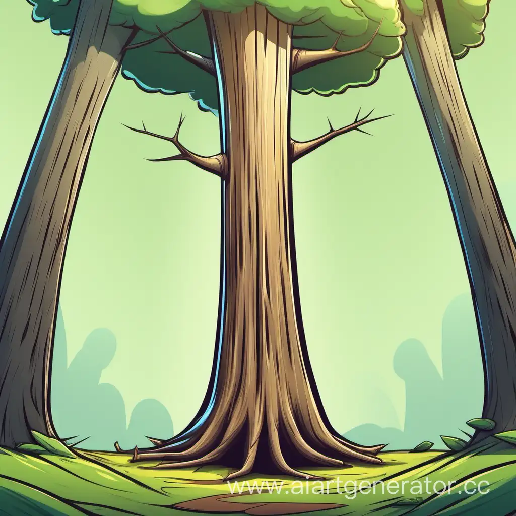 Whimsical-Cartoonish-Tall-Straight-Tree-Trunk-in-Vibrant-Landscape