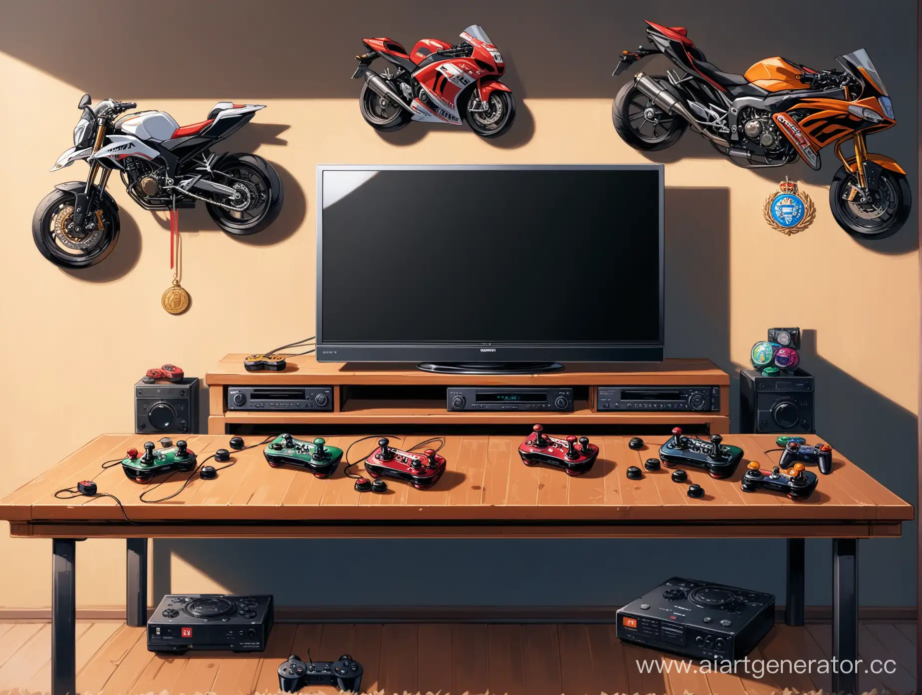 На стене телевизор с гонками на мотоциклах. На столе лежит куча джойстиков. Медаль