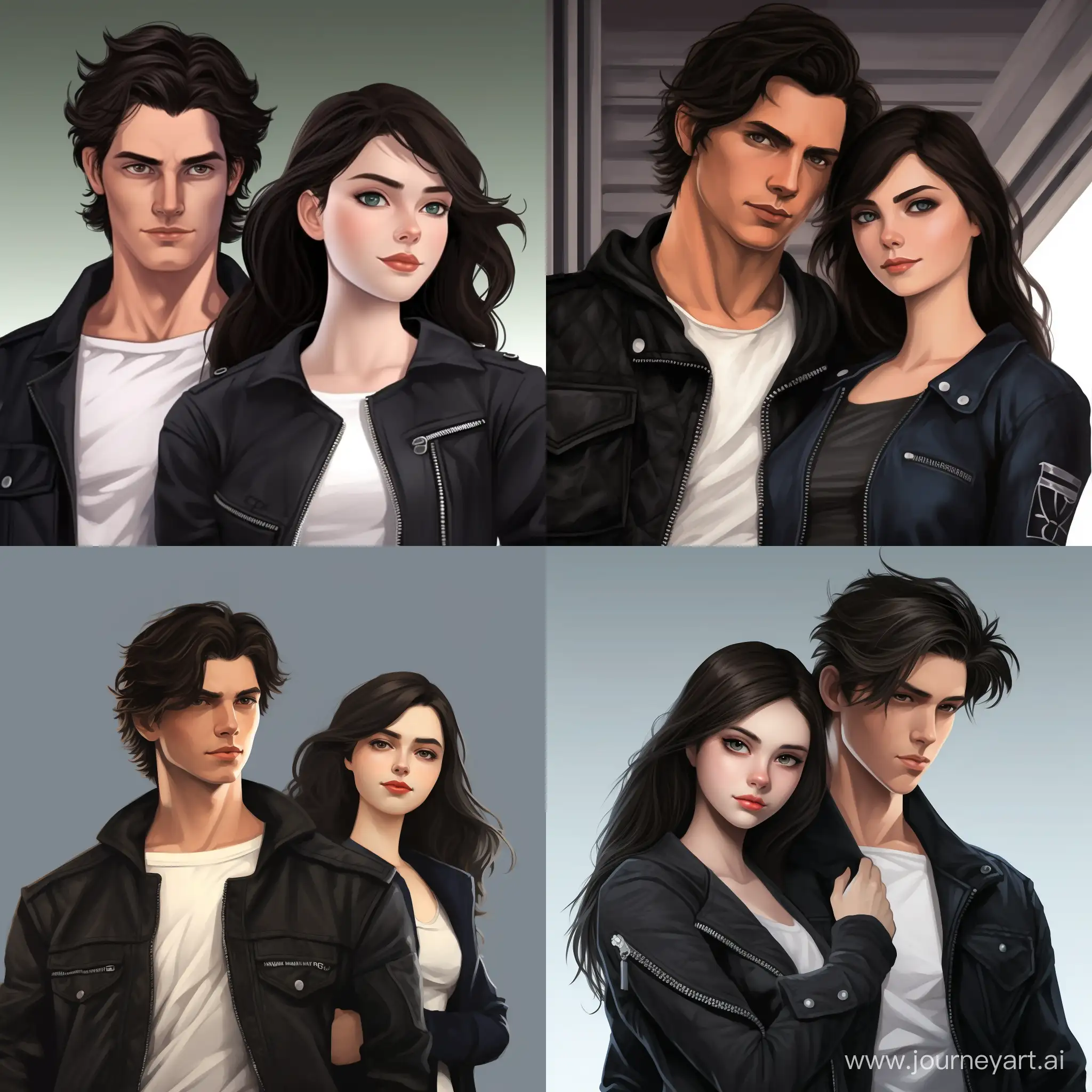 Beautiful couple, teenagers, girl and guy, girl: beautiful girl, straight dark hair, expressive green eyes, snow-white skin; handsome guy, snow-white skin, black hair, gray eyes, black leather jacket and white T-shirt; high quality, high detail, cartoon art