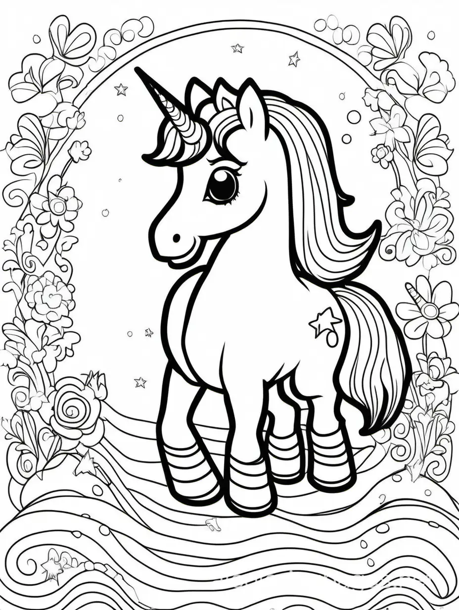 Unicorn kids birthday party, Coloring Page, black and white, line art, white background, Simplicity, Ample White Space. The background of the coloring page is plain white to make it easy for young children to color within the lines. The outlines of all the subjects are easy to distinguish, making it simple for kids to color without too much difficulty, Coloring Page, black and white, line art, white background, Simplicity, Ample White Space. The background of the coloring page is plain white to make it easy for young children to color within the lines. The outlines of all the subjects are easy to distinguish, making it simple for kids to color without too much difficulty