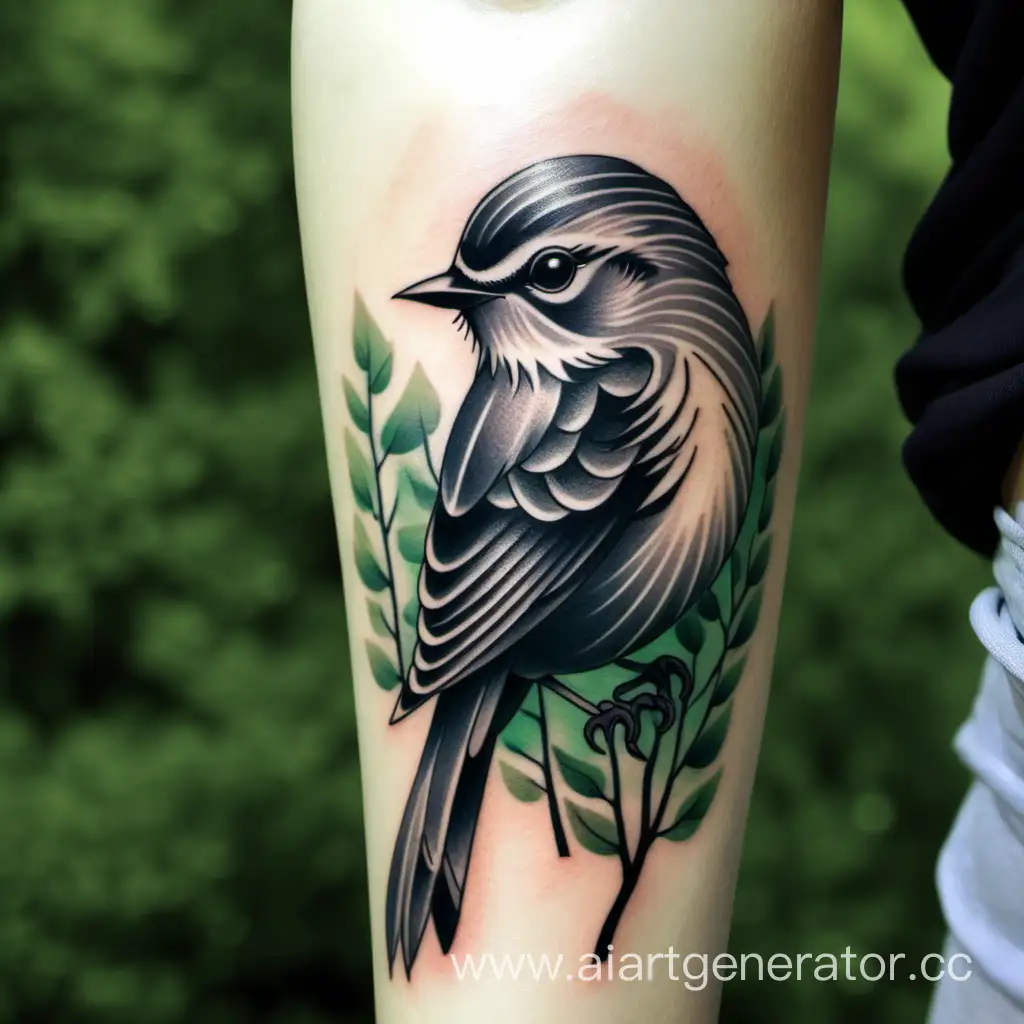 Серого цвета татуировка маленькой птицы у девушки, которая с красивыми волосами, стоит на фоне зелёных деревьв.