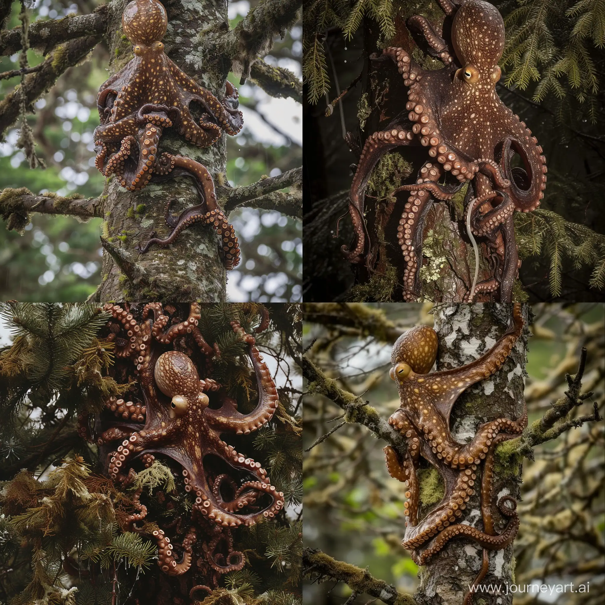 Majestic-Octopus-Climbing-Pine-Tree-in-Temperate-Rainforest