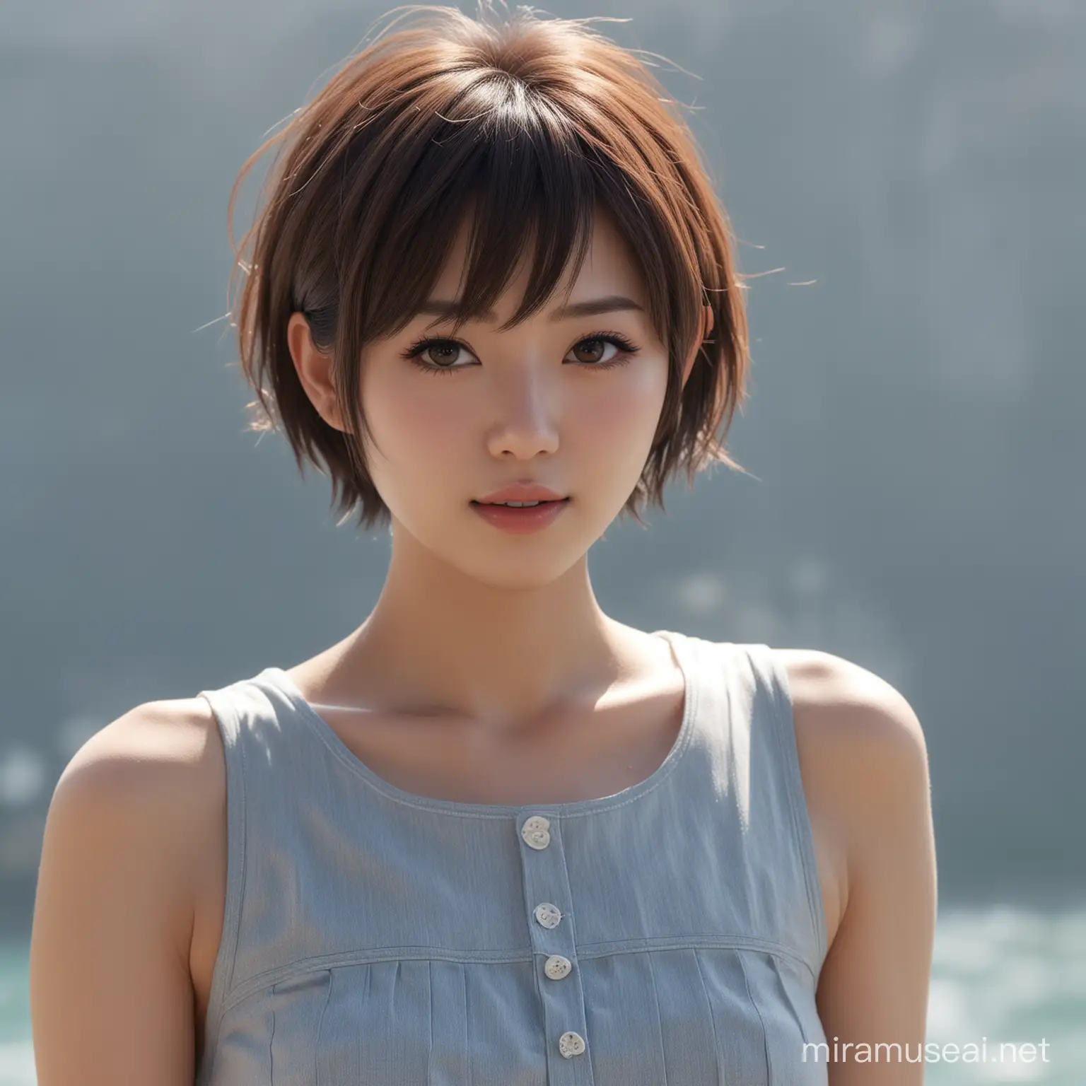 ((top-quality, in 8K,Raw photo)), (Realistic, Photorealsitic: 1.37), (Face Focus: 1.1), cute Japanese girls, short-hair, Hair fluttering in the wind, femele、Japan idol system、(Sleeveless: 1.1)、Skirt,