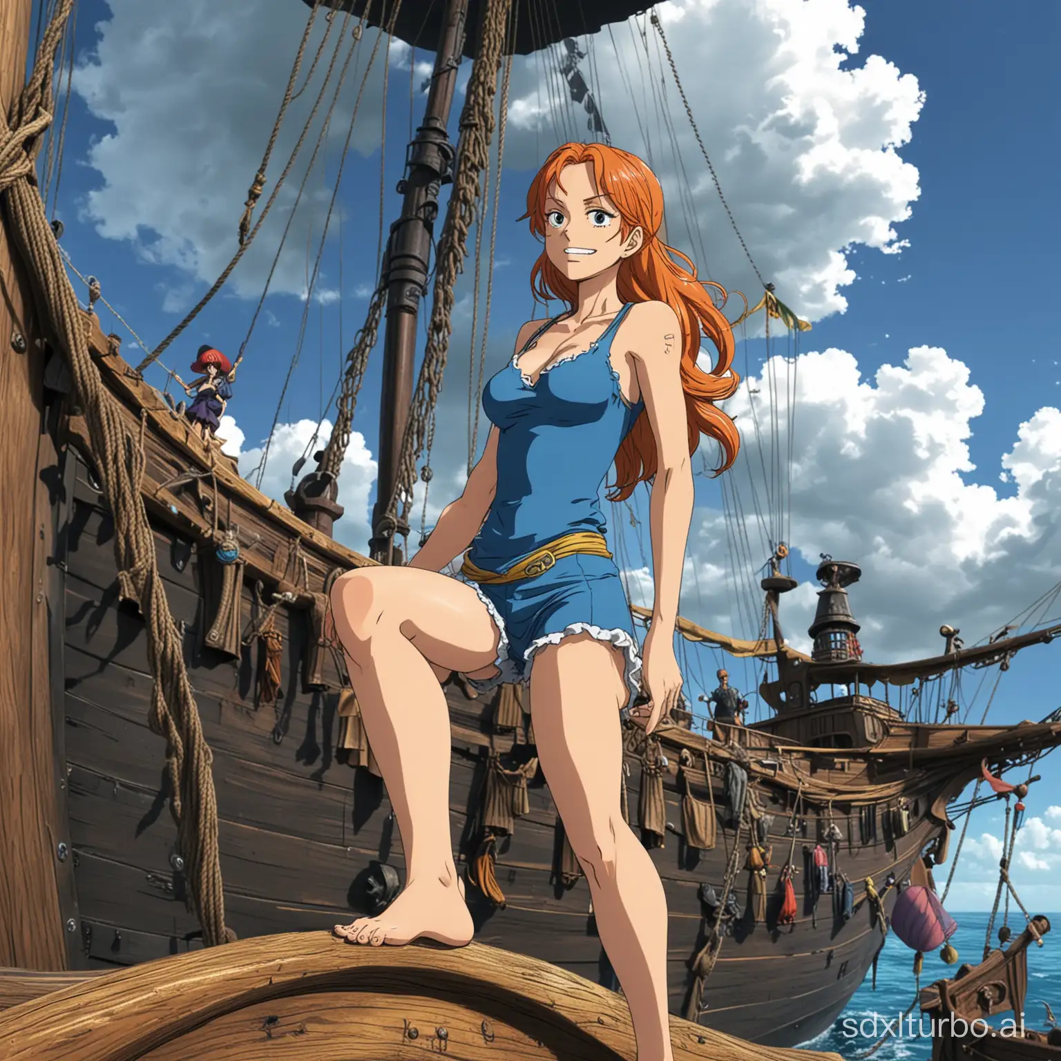 Nami stands on a pirate ship in One Piece.