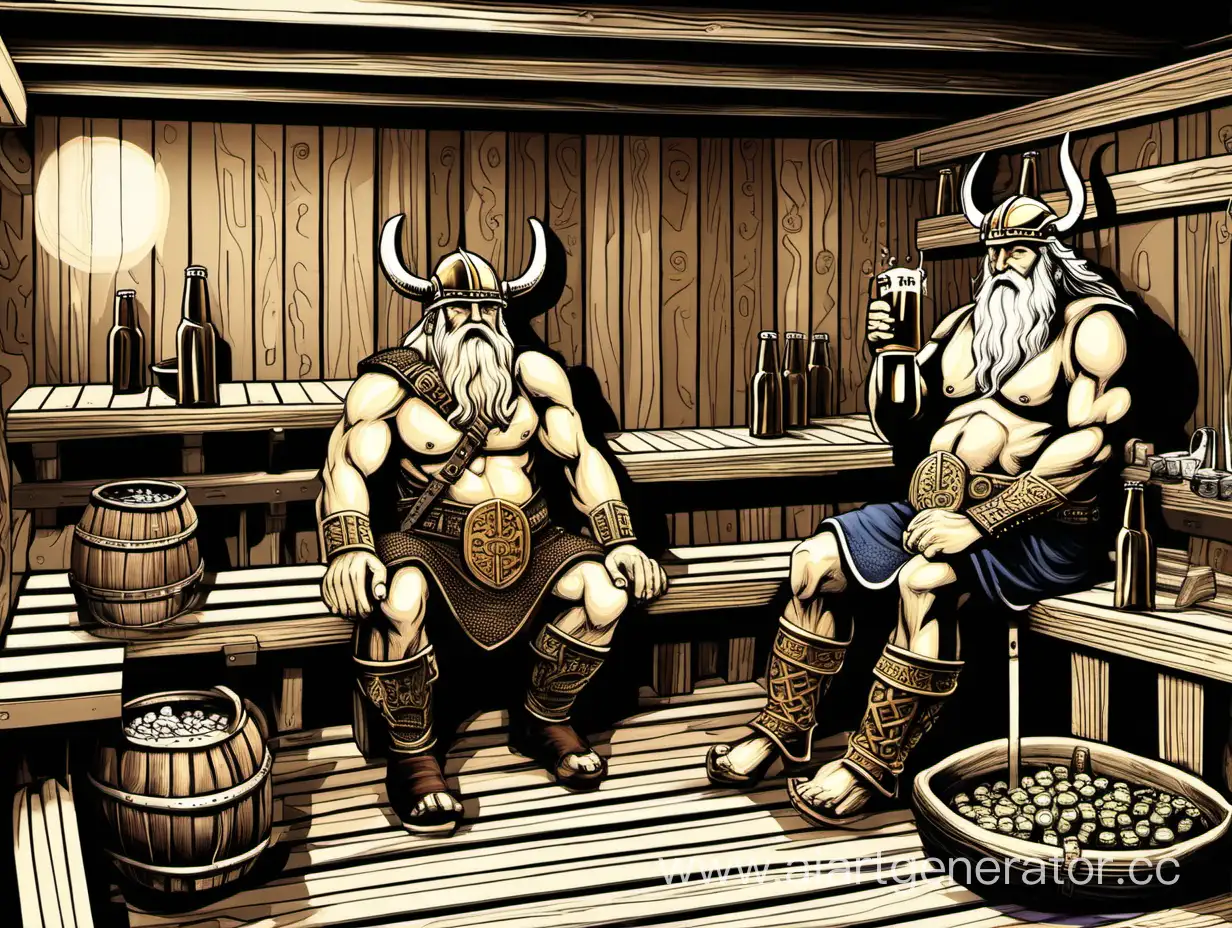 Бог Один и викинг пьют пиво в бане