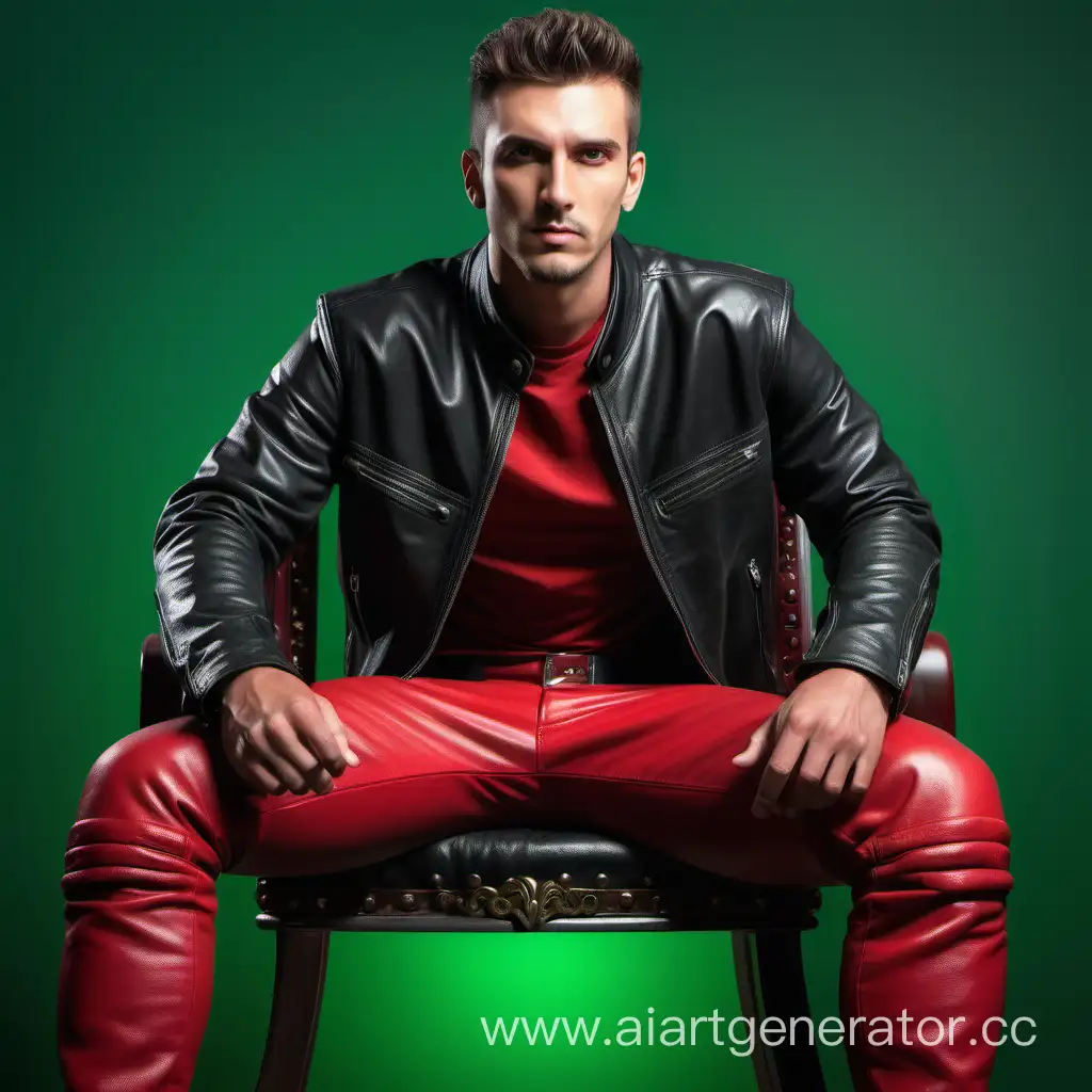 Мужчина спортивного телосложения в красной рубашке, чёрной кожаной куртке и красных штанах сидит на троне и смотрит прямо , позади зелёный фон, близкий ракурс, реализм