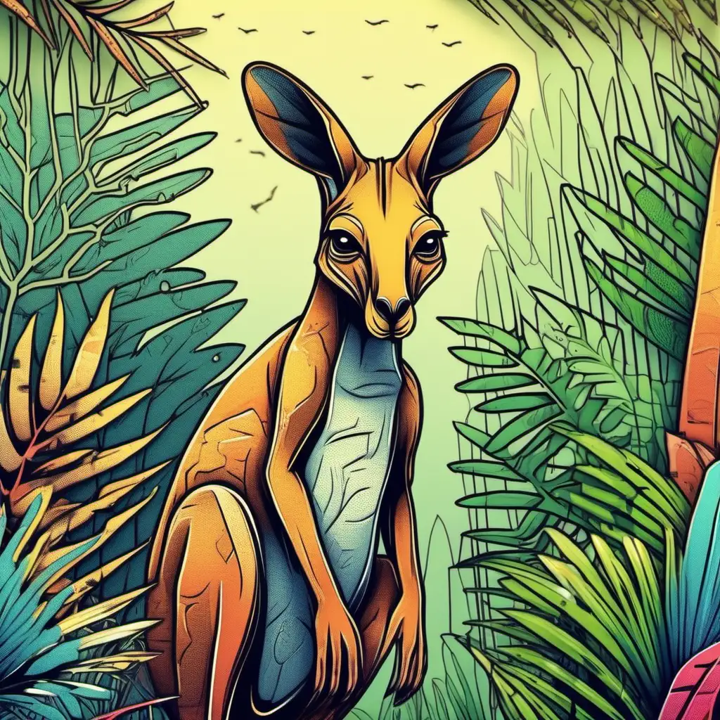 /imagine Kangaroo illustration, Kangaroo rex in a jungle, Thick Lines, low details, multi  colours --ar 9:11