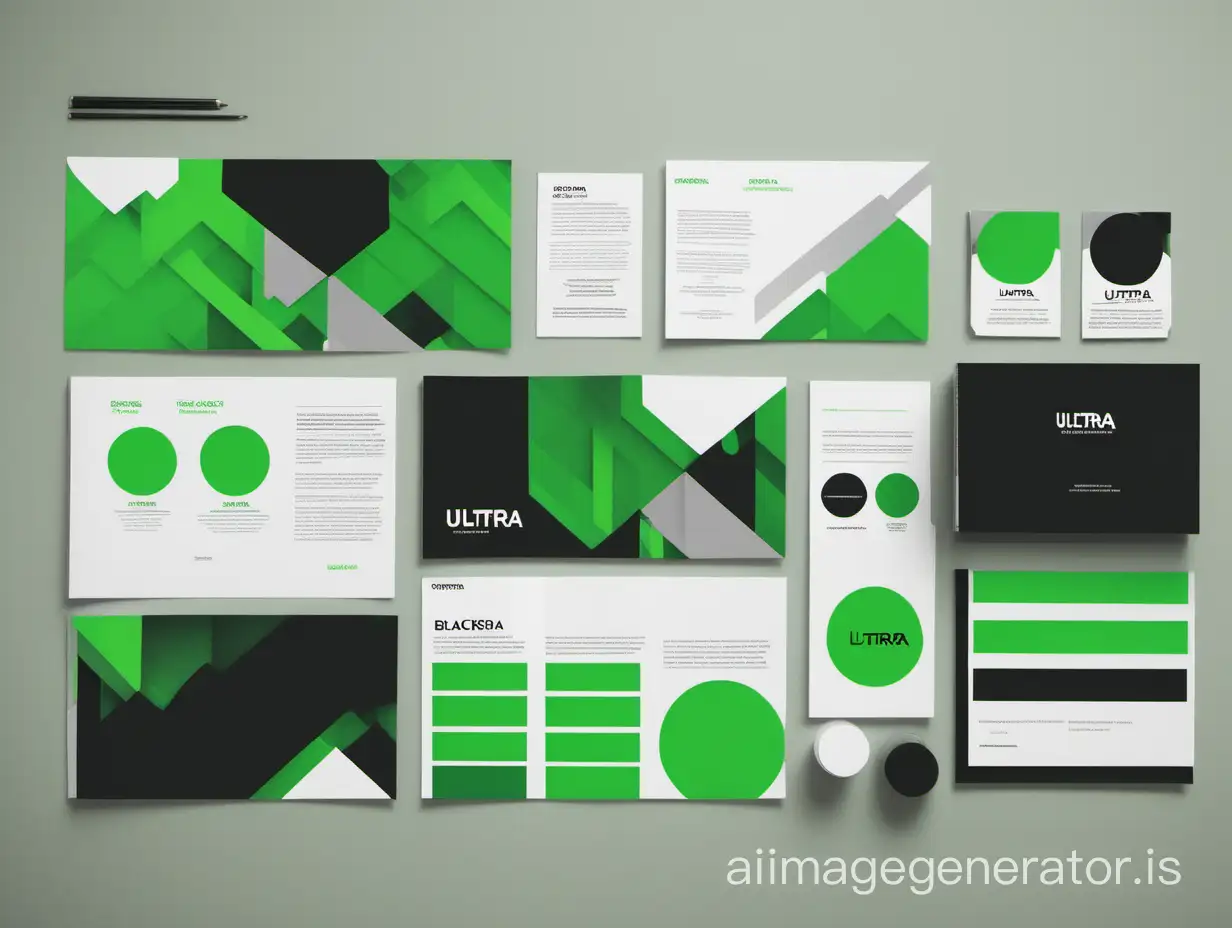 To create an image with less vibrant colors like black, grey, and white,less bright green  use a color palette consisting of those colors.  have different shapes and patterns instead of sleek lines to add some uniqueness.

As for the text, you can use something like:

"ULTRRA CORPORATE"
