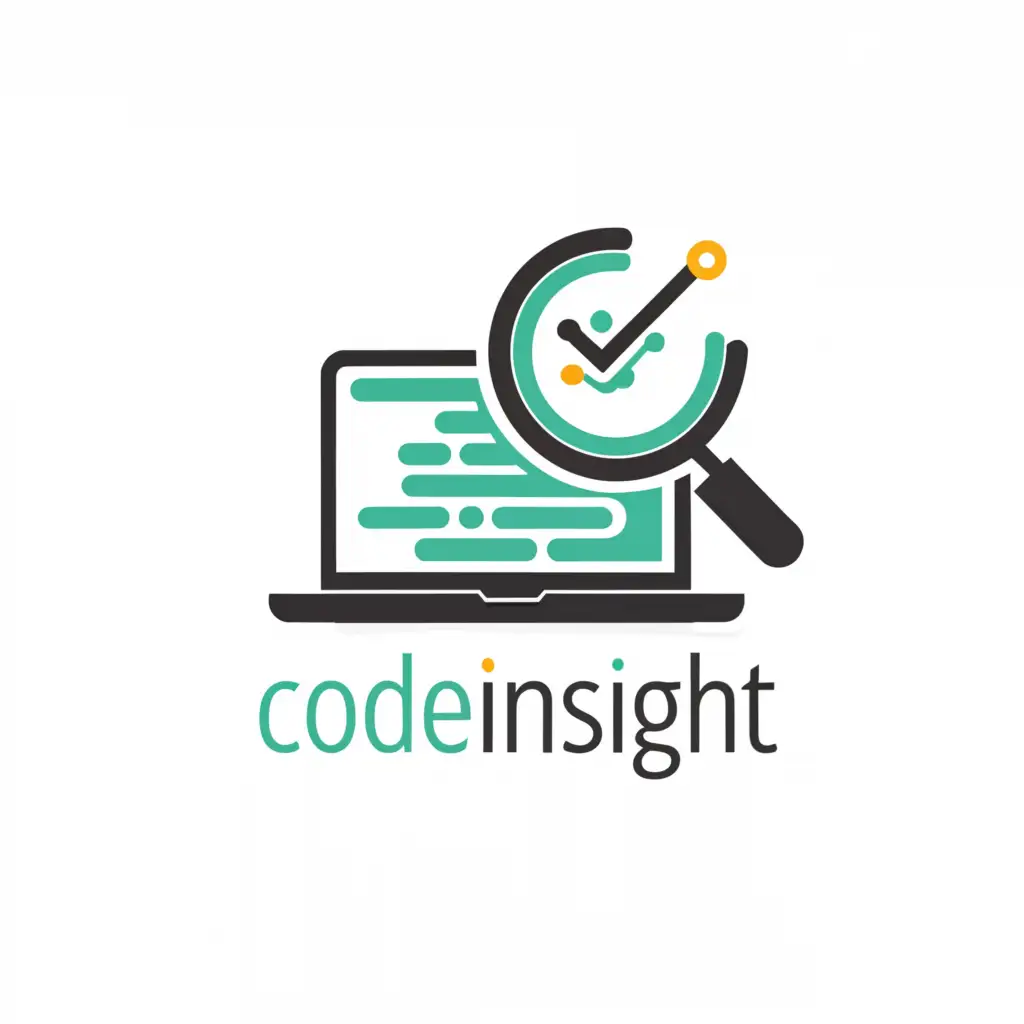 a logo design,with the text 'CodeInsight', main symbol:a code snippet on laptop and a magnifying glass showing code analysis show some statistics also,Moderate,be used in Technology industry,clear background
