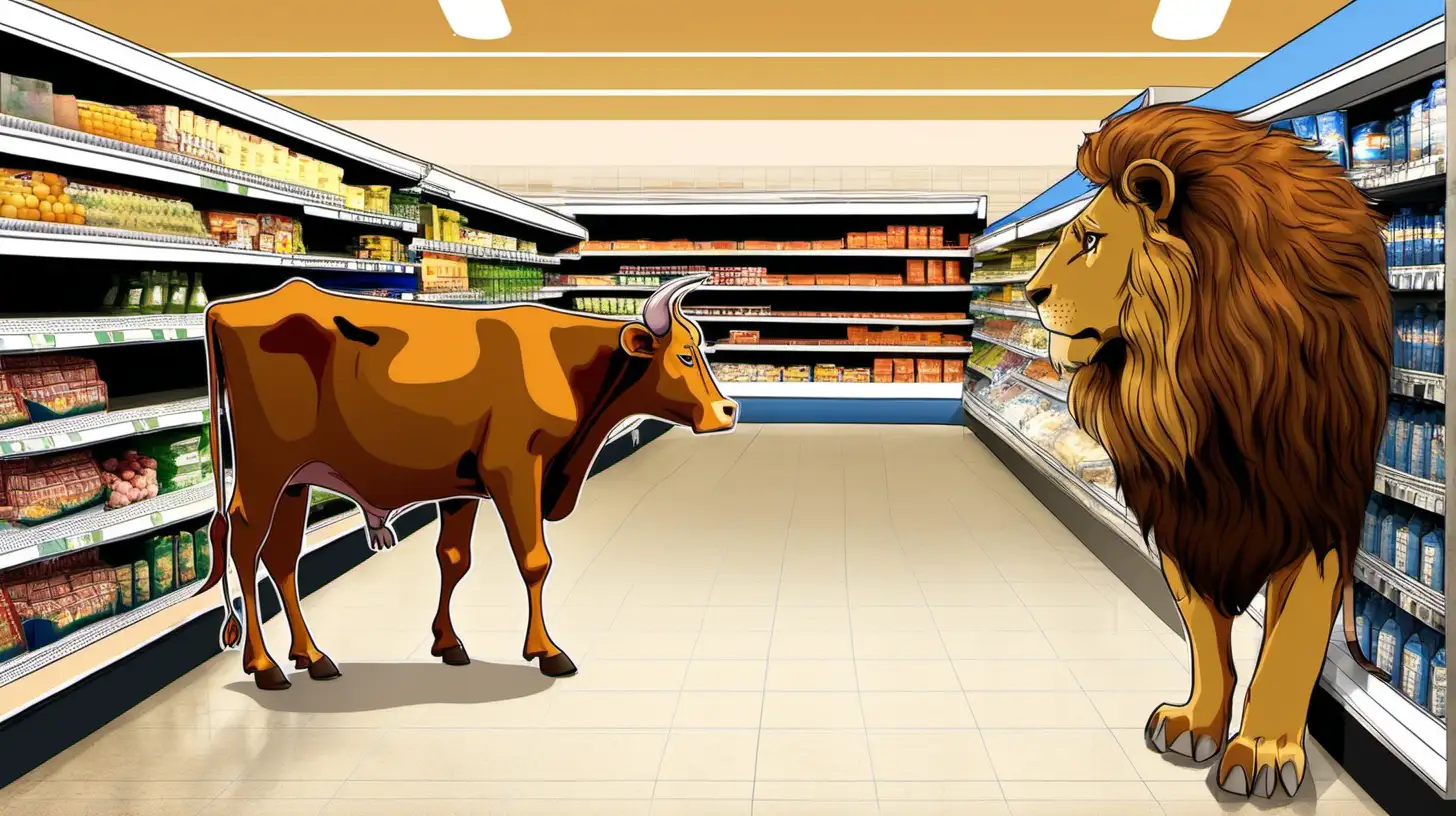 A cow and a lion meeting in a supermarket.