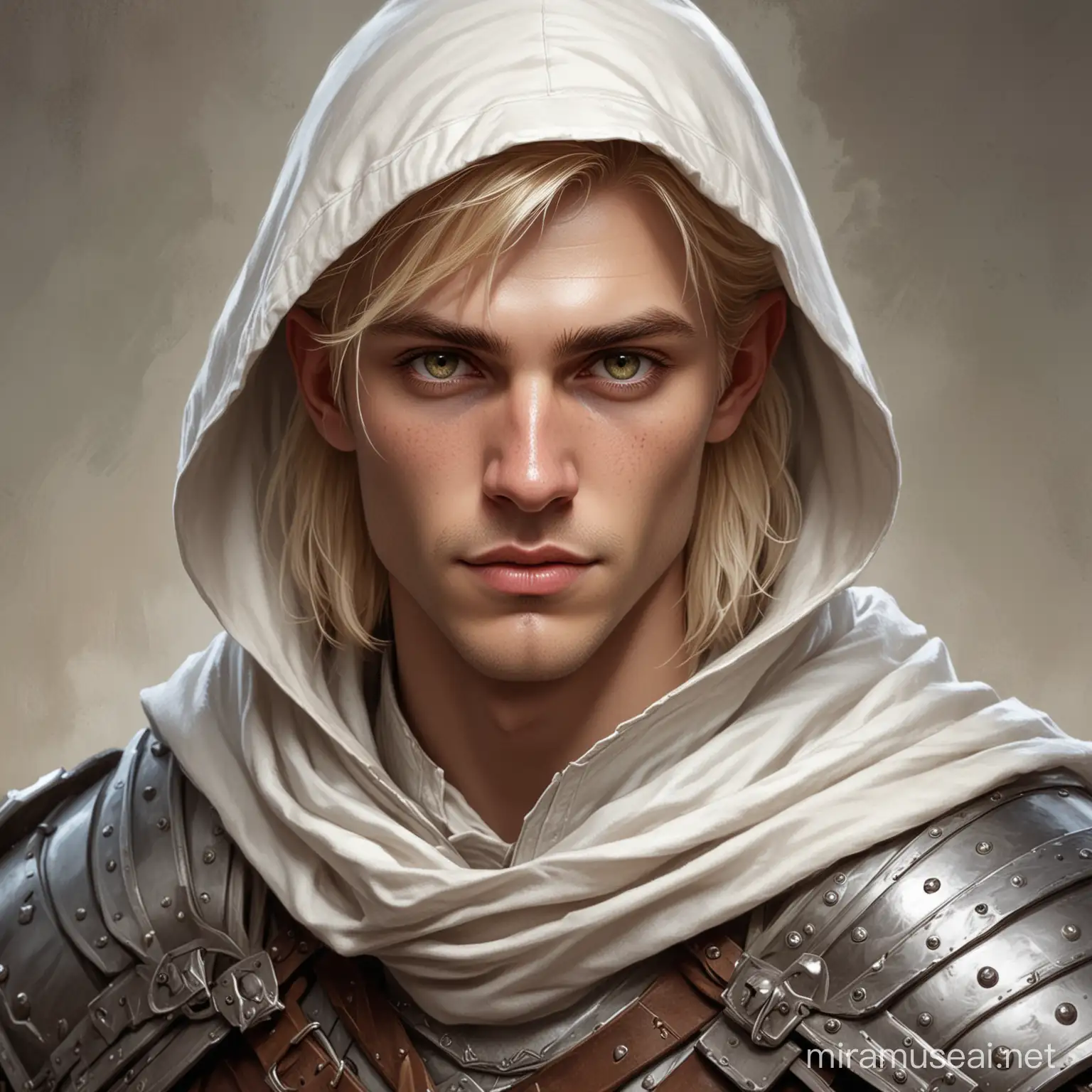 A portrait of a Dungeons and Dragons male, elf rogue. Dirty-Blond hair. Pale skin, dark freckles, hazel eyes. Wearing a half plate armor, a white hood. In the style of a digital painting.