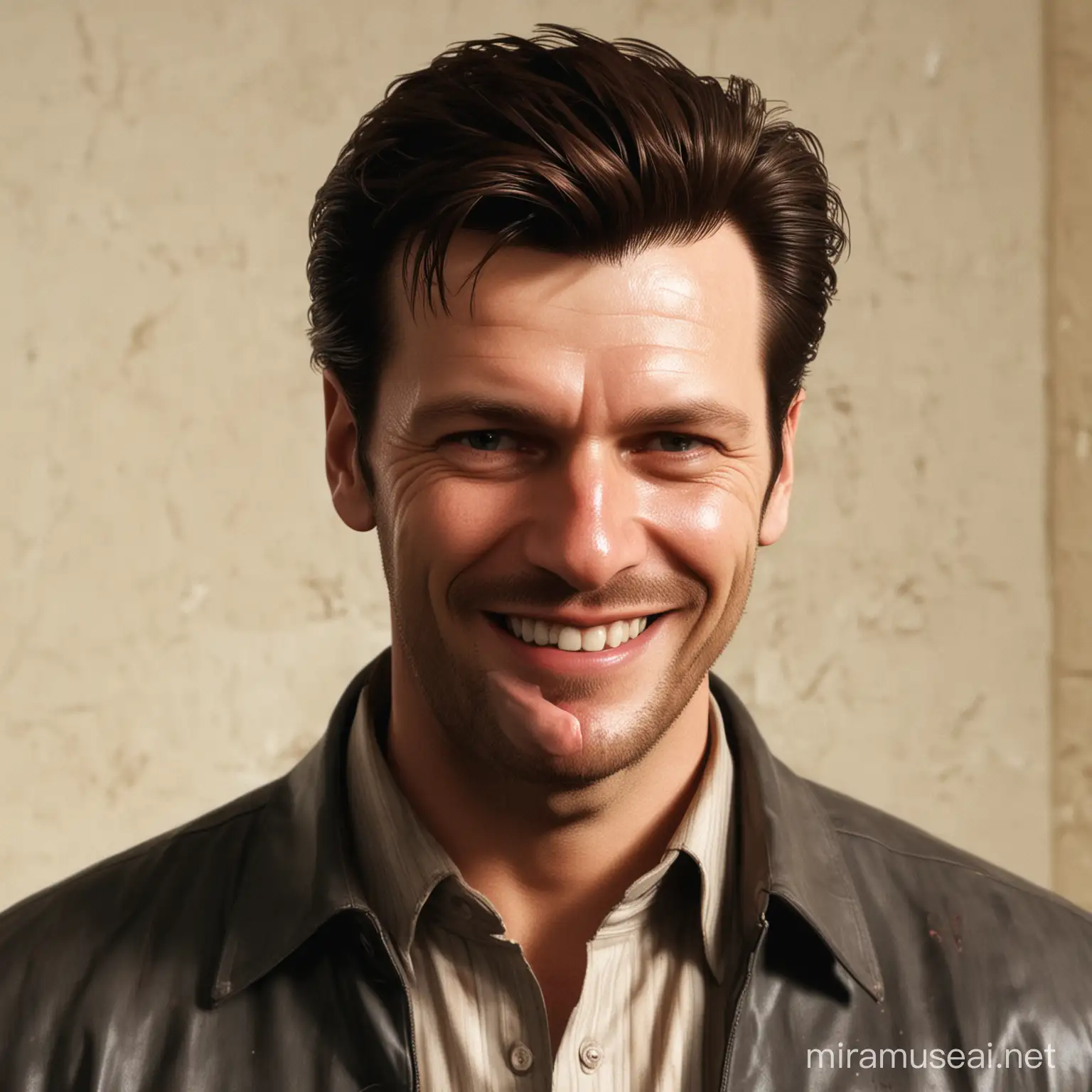 Max Payne smiling after having eaten red dye cavity detecting pills from the 80s