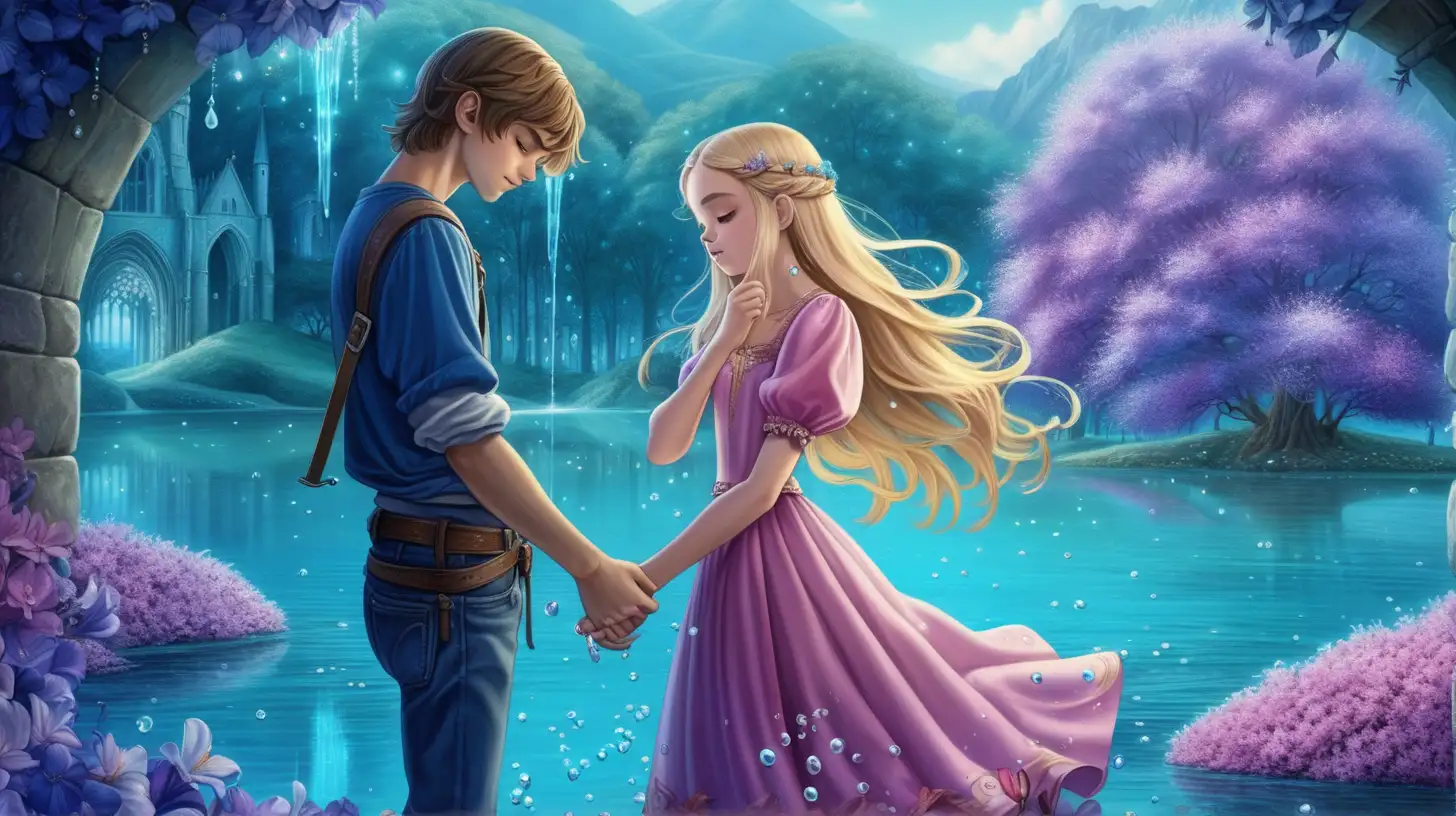 Dusty-brown hair teenage boy with t-shirt and jeans, sad long-hair blonde girl with medieval beautiful pink dress, crying in the teenage boy's  shoulder, surrounded by fairytale magical blue and purple floral trees and a magical blue lake with floating pearls