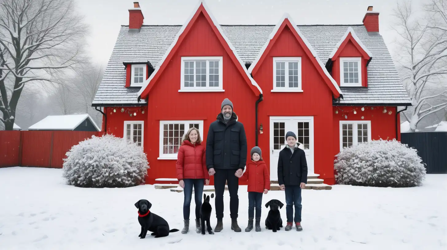 Superrealistic photo of a 40-year old man and hos 40-year old wire and 2 boys 10-year and 13-year standing in front of their red house in the show joined by a black labrador and a spotta black-and-white rabbit wishing us a merry christmas