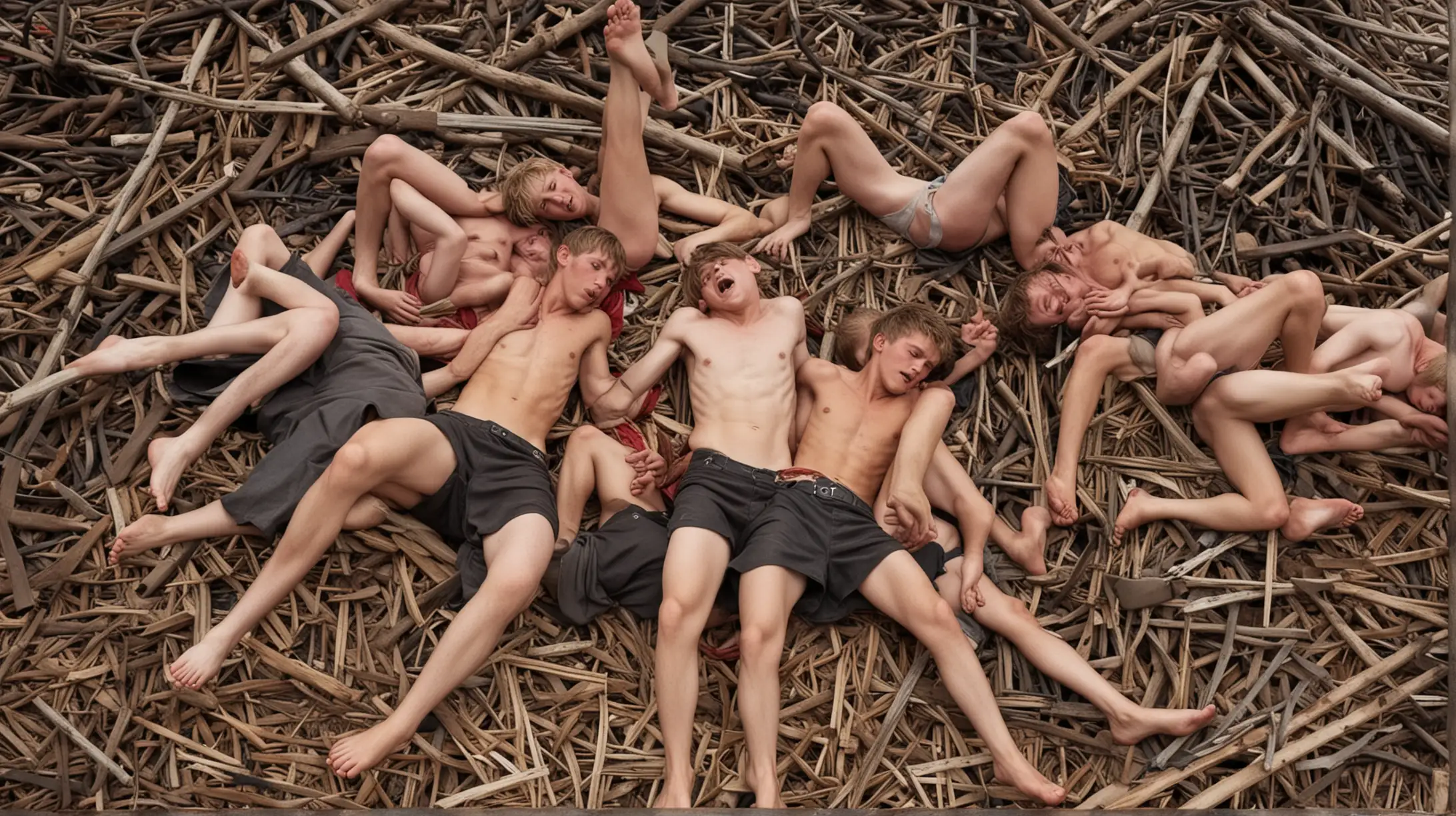 A pile of about ten dead boys between the ages of 12 and 17, piled up in a heap of chaos, blonde, brown, black and red hair, barefoot, shirtless, don't wearing any clothes at all.. Front view, wide-range view, feet visible, in Backround a executioners gallows