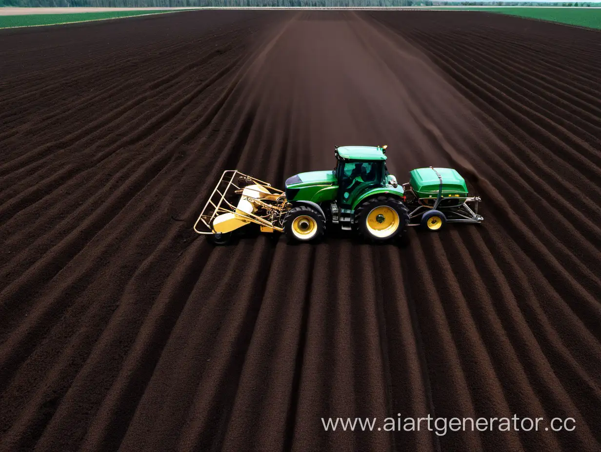 трактор распределяющий песочное  тёмно-коричневое удобрение по полям с растениями.