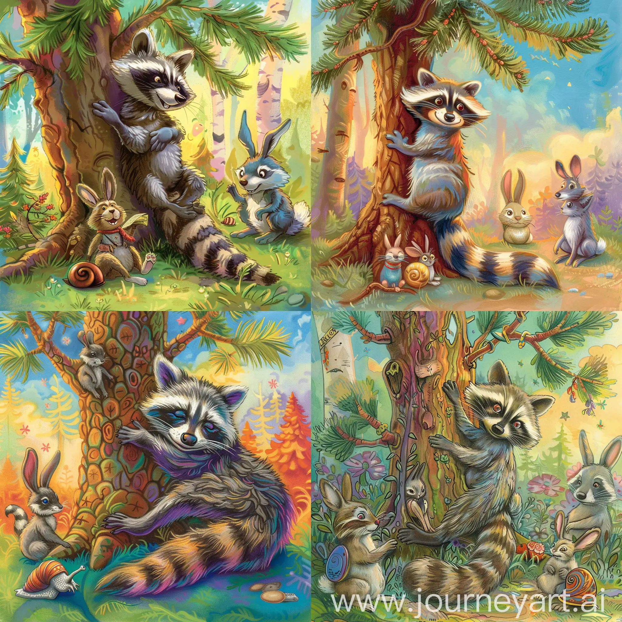 Raccoon leaning against a pine tree in a relaxed pose (focus), woodland animal fairy tale style design, talking to a rabbit, snail, and wolf beside him, charming and friendly whimsical characters on a vibrant and colorful background to capture young readers' attention and spark their imagination.