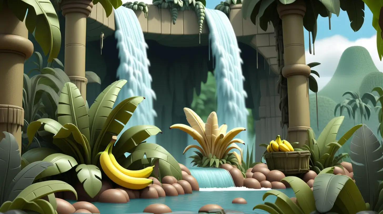 A Nintendo animation-style jungle background with a waterfall and bananas.