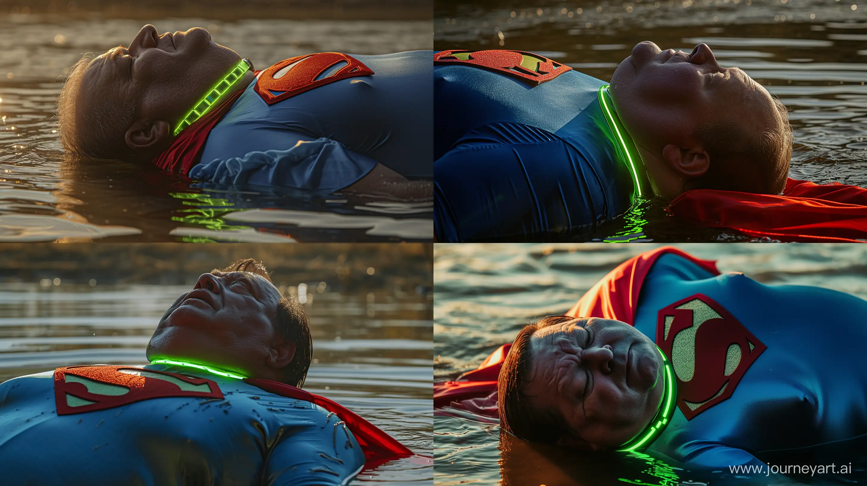 Front view close-up photo of a fat man aged 60 wearing a tight silk blue superman costume red cape and a tight green glowing neon dog collar on the neck lying face down in water. Natural Light. River. --style raw --ar 16:9