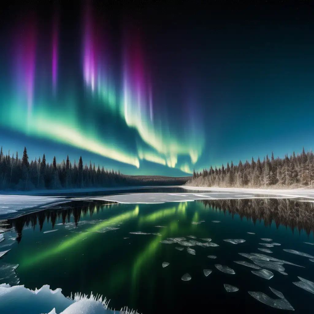 Ethereal Aurora Borealis Illuminating Snowy Wilderness and Frozen Lake