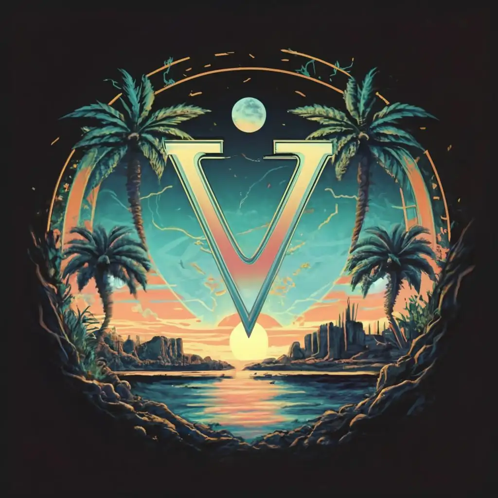 logo, large letter V in center, sunset background, moon on top, palm trees and greek ruins, synthwave style