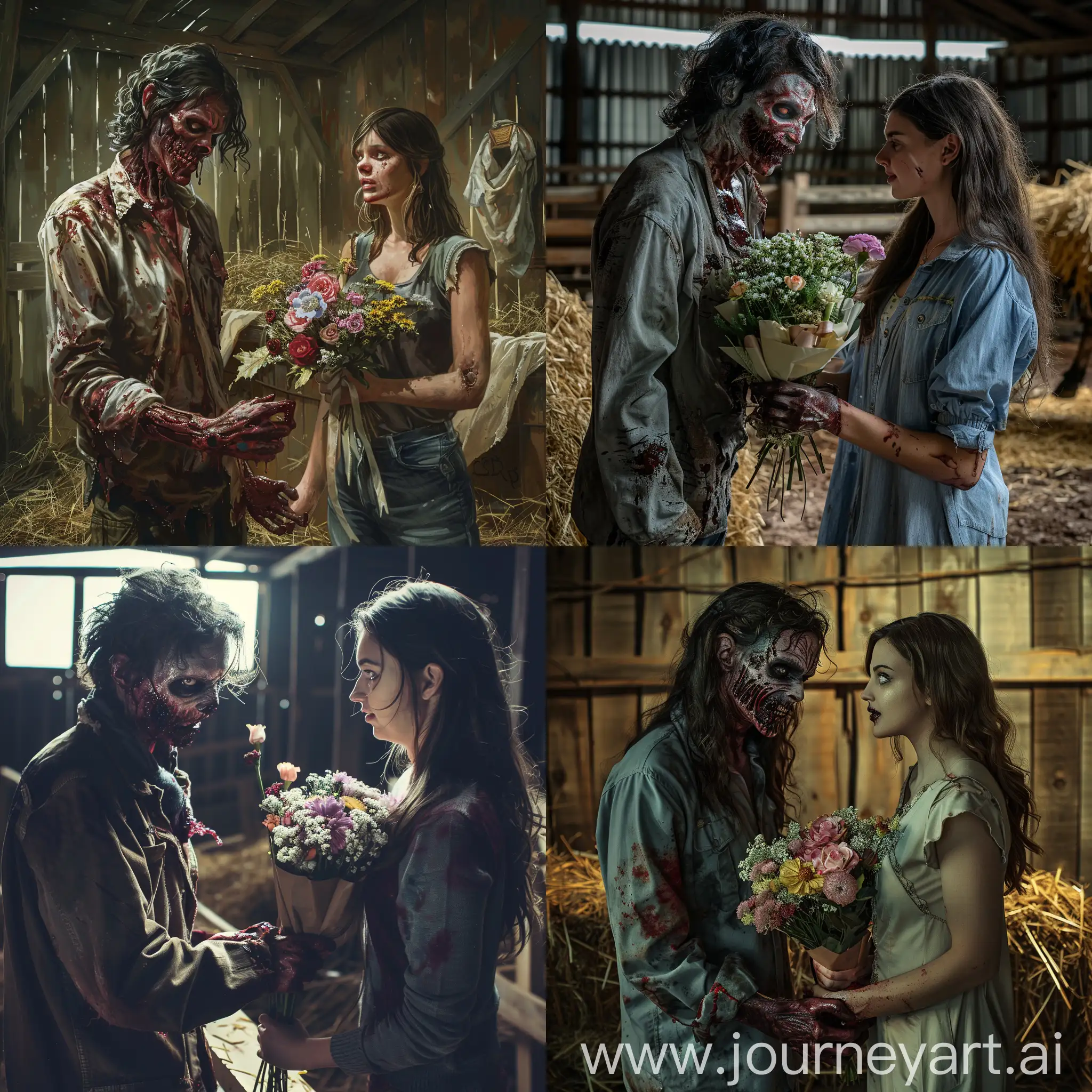 A zombie with a bloody face gives flowers to a brunette. They both stand in a stable