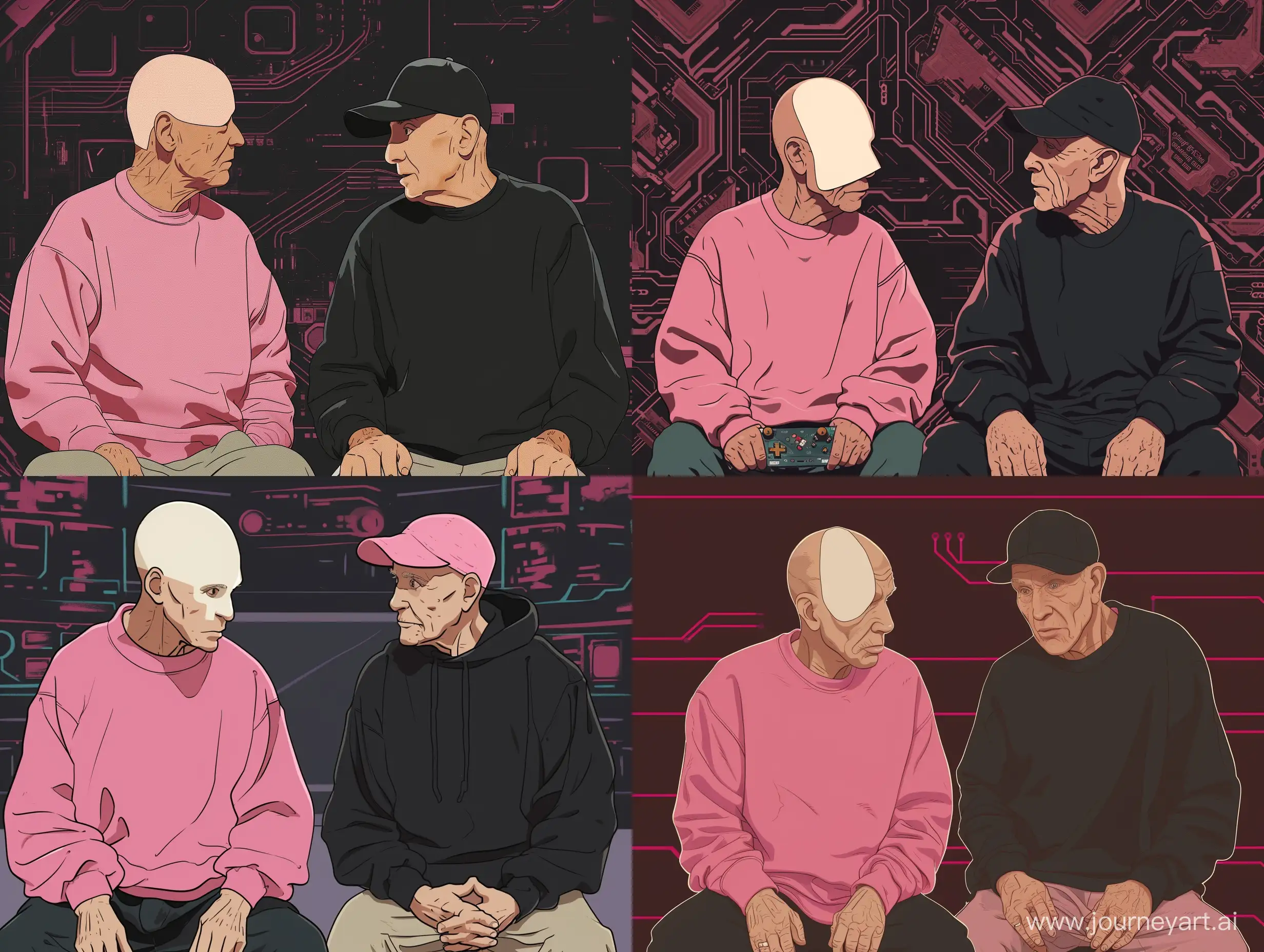 one old bald man wearing a pink sweatshirt with a blank head without any hat on it and another old bald man wearing a black sweatshirt has a baseball cap on his head sitting and discussing retro games, hi-tech background, comic image style