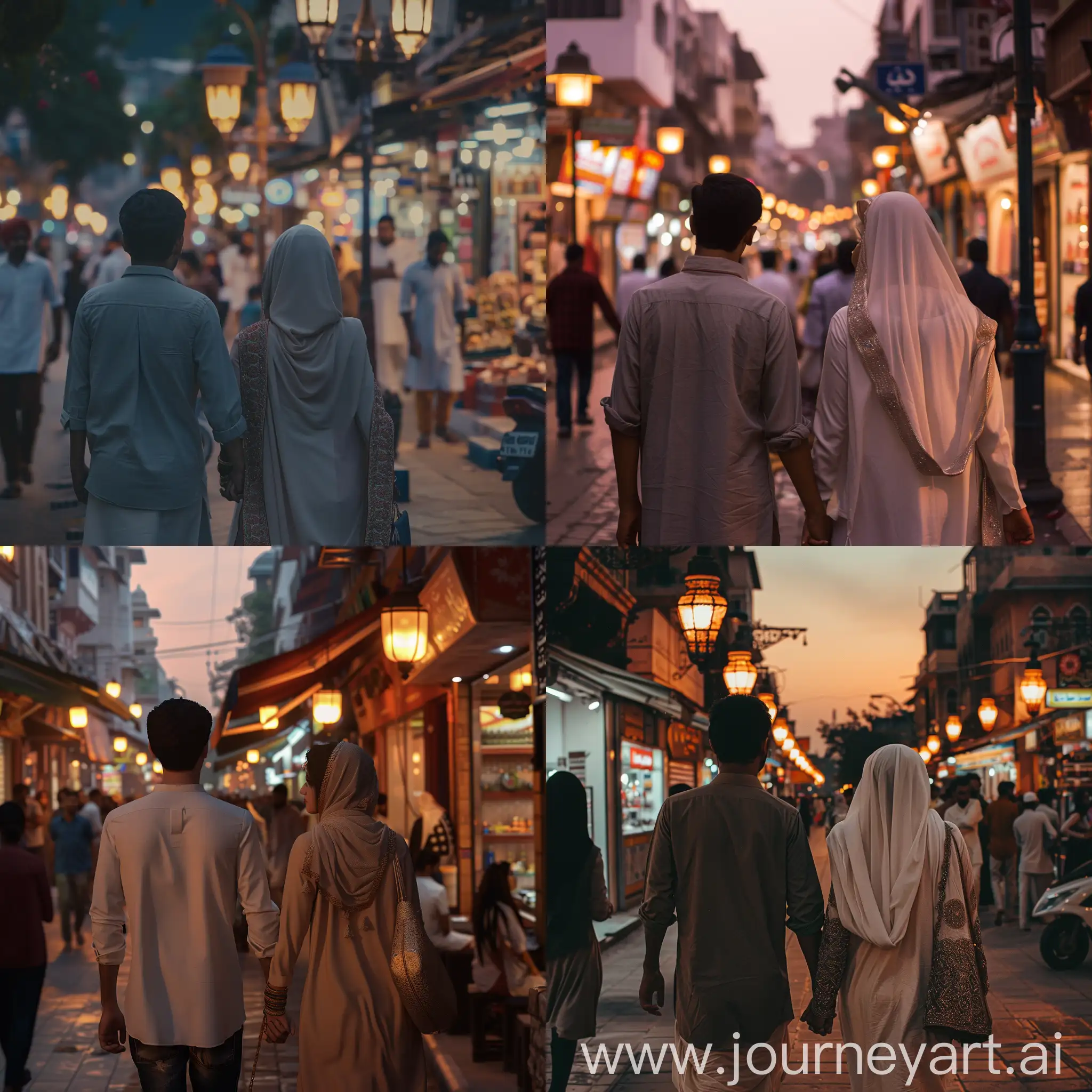 A photorealistic digital photo of a young Indian Muslim couple on their honeymoon, strolling hand-in-hand along a bustling street in India after sunset. The image should be captured from behind, showing their back portraits as they walk together down the crowded sidewalk. Their faces should be visible in profile, gazing ahead of them rather than at the camera. The scene should depict the lively atmosphere of the city street at dusk, with warm lighting from street lamps and storefronts illuminating the scene. The couple's clothing and accessories should reflect their cultural and religious backgrounds as an Indian Muslim couple. The overall style should emulate a skilled photographer's capture of a candid, natural moment during their honeymoon travels.

Some key elements to include:

Photorealistic digital photo style
Back portrait view of the couple walking together
Faces in profile, looking forward, not at camera
Bustling Indian city street after sunset
Warm lighting from lamps/storefronts
Clothing/accessories reflecting Indian Muslim culture
Candid, natural feeling honeymoon moment