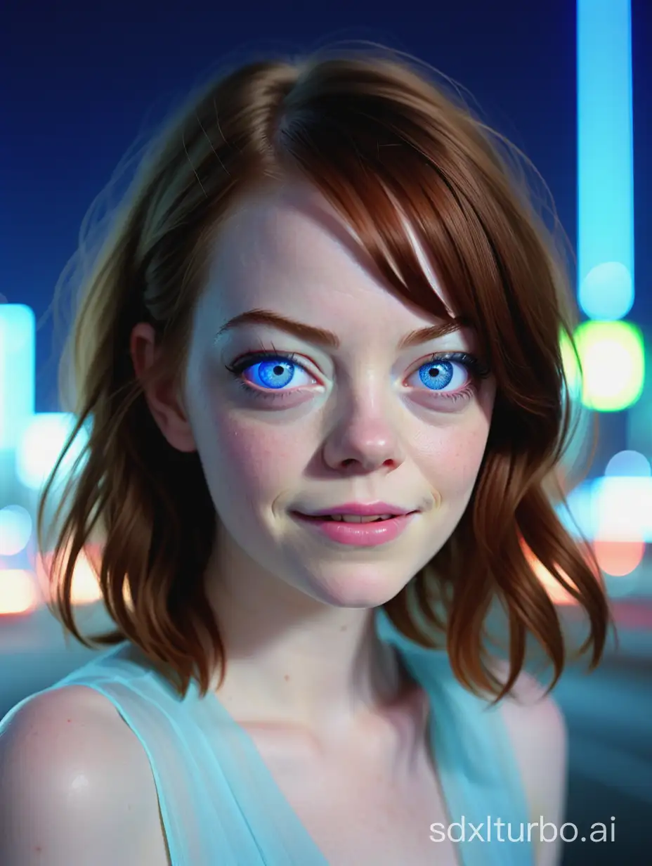 Emma Stone Lookalike Enjoying NeonLit Night City BlueTinted Portrait by  Loretta Lux | SDXL Free Online