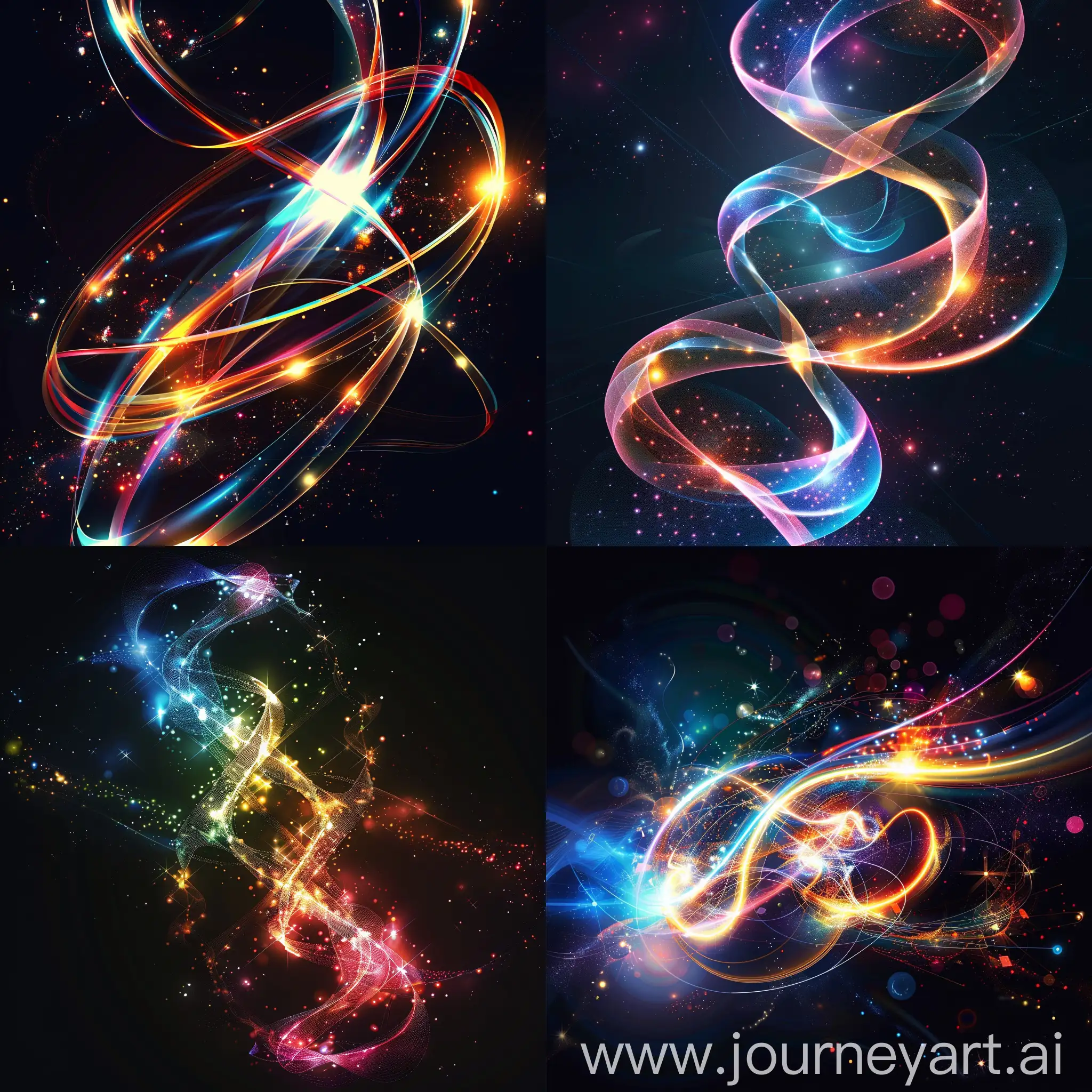 ultra design ribbons of brigjht like superstrings in quantum physics for a homepage for scientists with a deep dark background with colors of the universe

