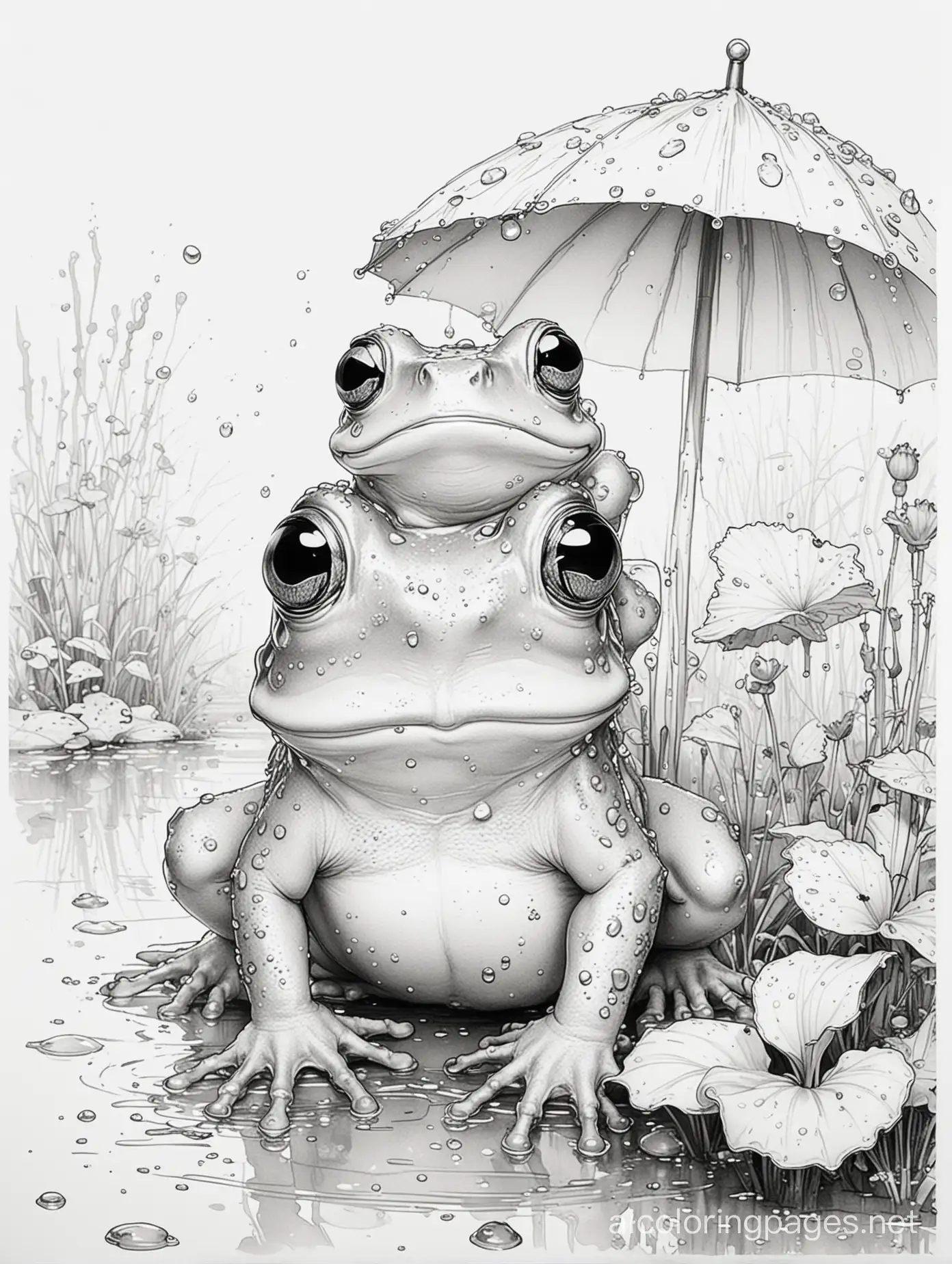 Wet grunge, black ink , cute chibi frogs,  brush mark on white watercolor paper ,sketch illustration, described in the polka dot style of Alphonse Mucha and Jeremy Mann, Coloring Page, black and white, line art, white background, Simplicity, Ample White Space. The background of the coloring page is plain white to make it easy for young children to color within the lines. The outlines of all the subjects are easy to distinguish, making it simple for kids to color without too much difficulty