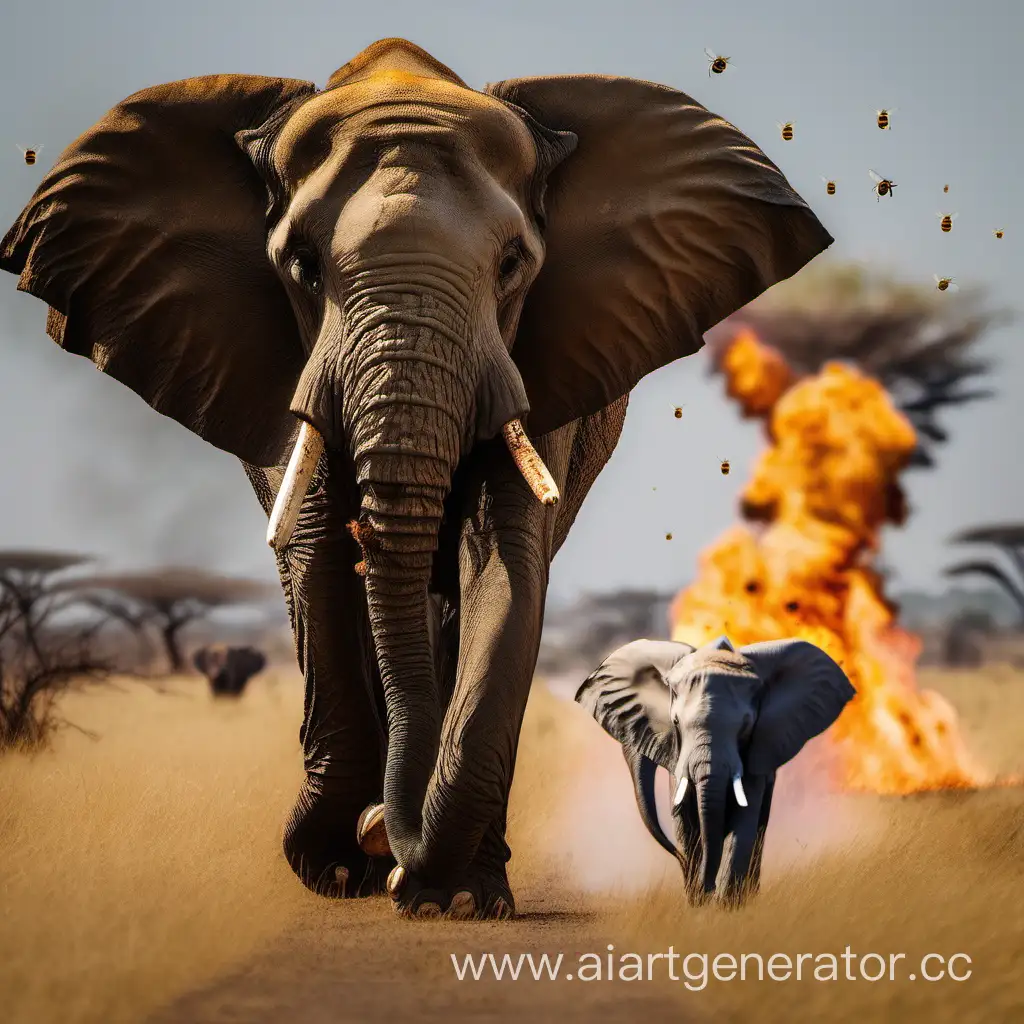 small bee siting on top of elephant that is marching into fire and more risks in african savan